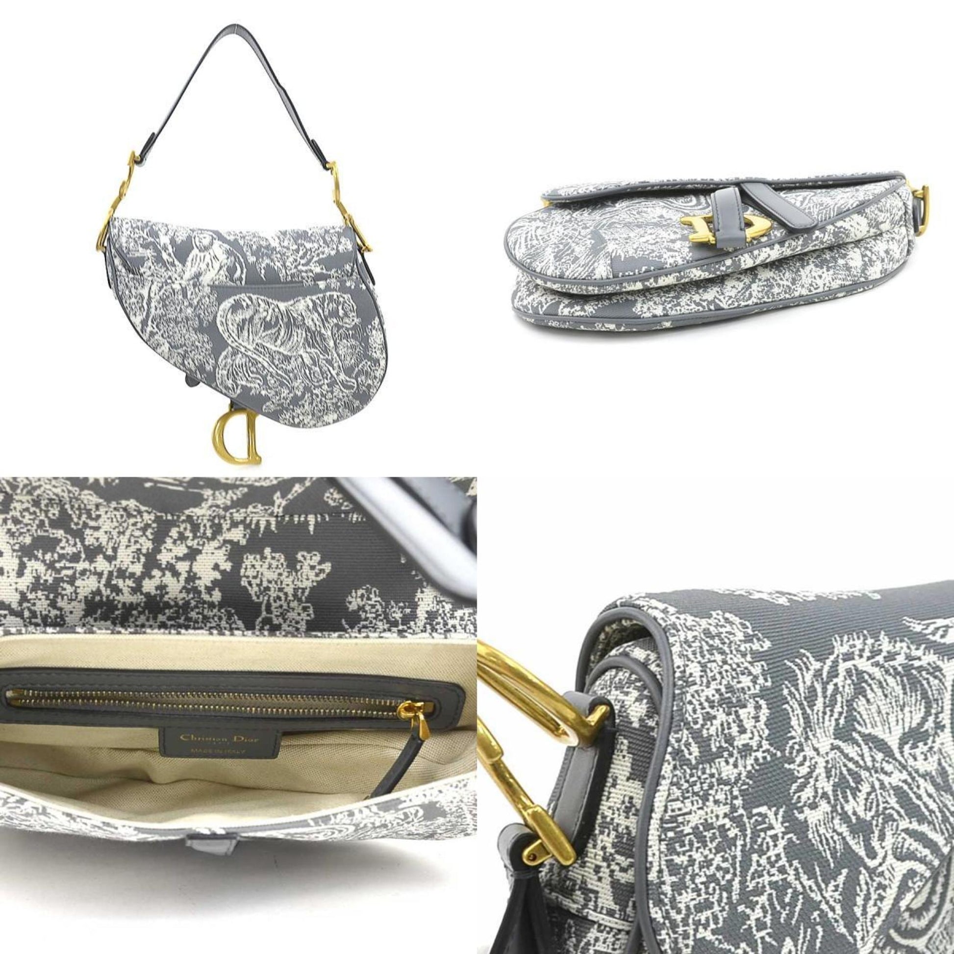 Christian Dior Gray Off-White Canvas Leather Shoulder Bag  