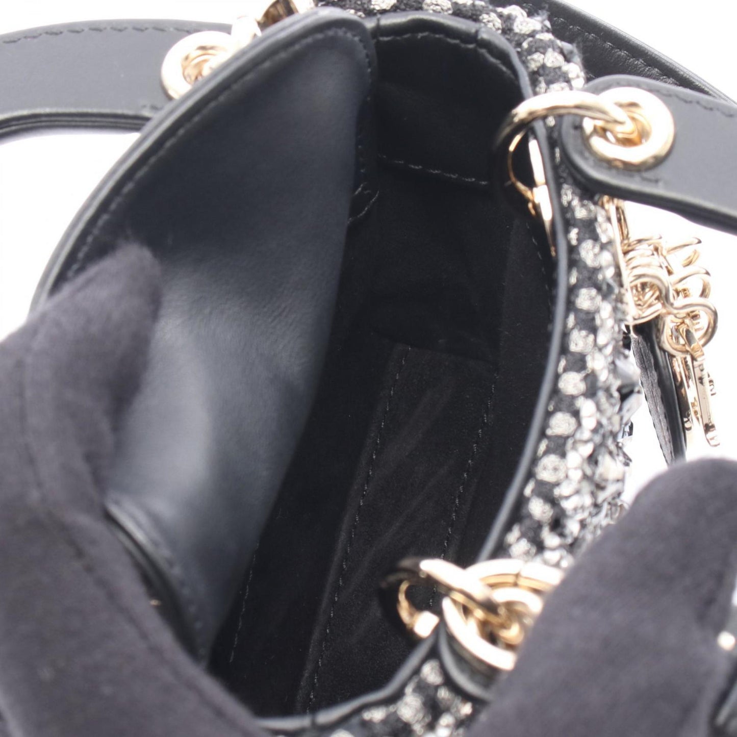 Christian Dior Lady Dior Black Clear Silver Leather Rhinestone Handbag  