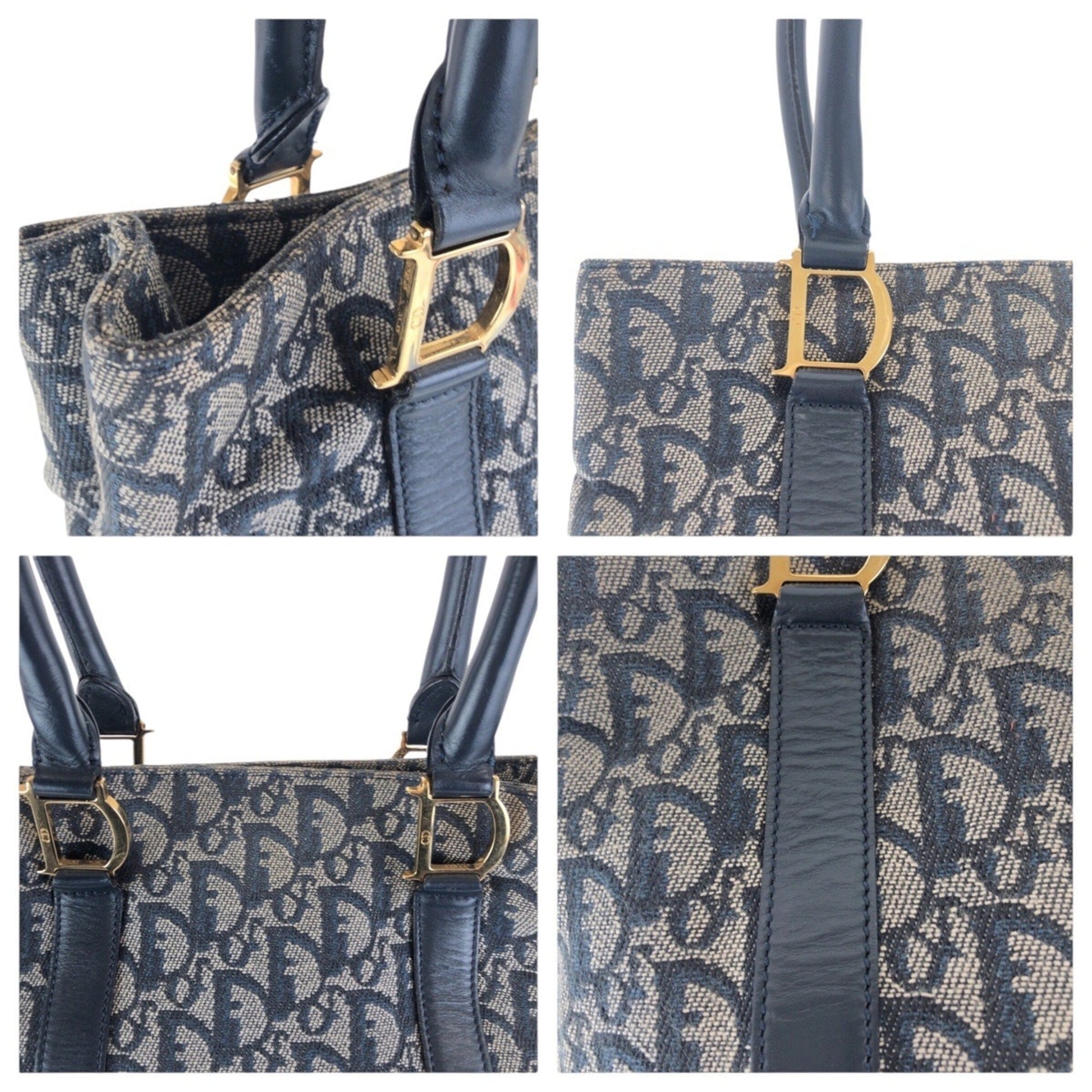 Christian Dior Navy Canvas Leather Shoulder Bag Tote Bag  