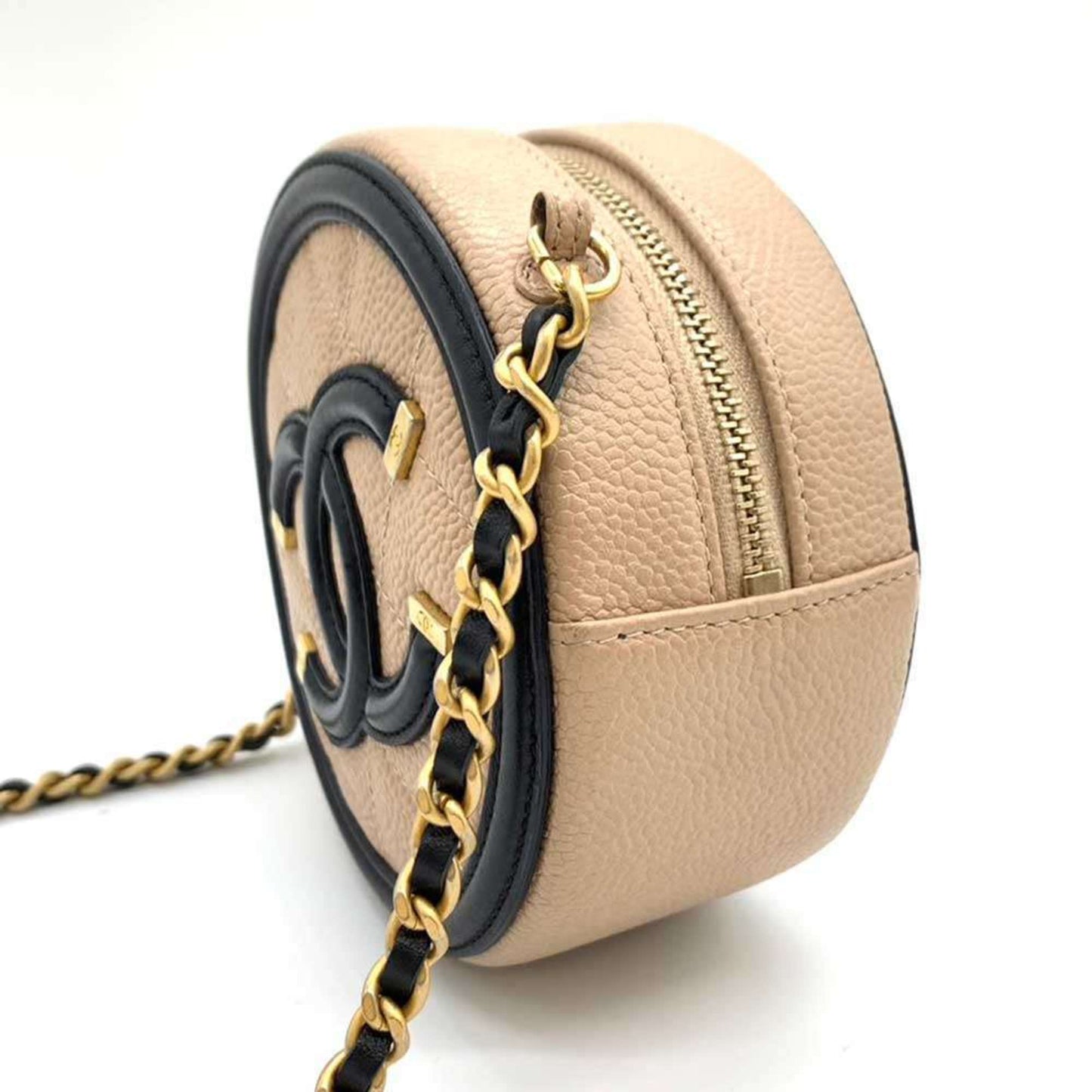 Chanel Bag CC Filigree Round Chain Shoulder Beige x Black Pochette Pouch Circle Crossbody Women s Caviar Skin CHANEL