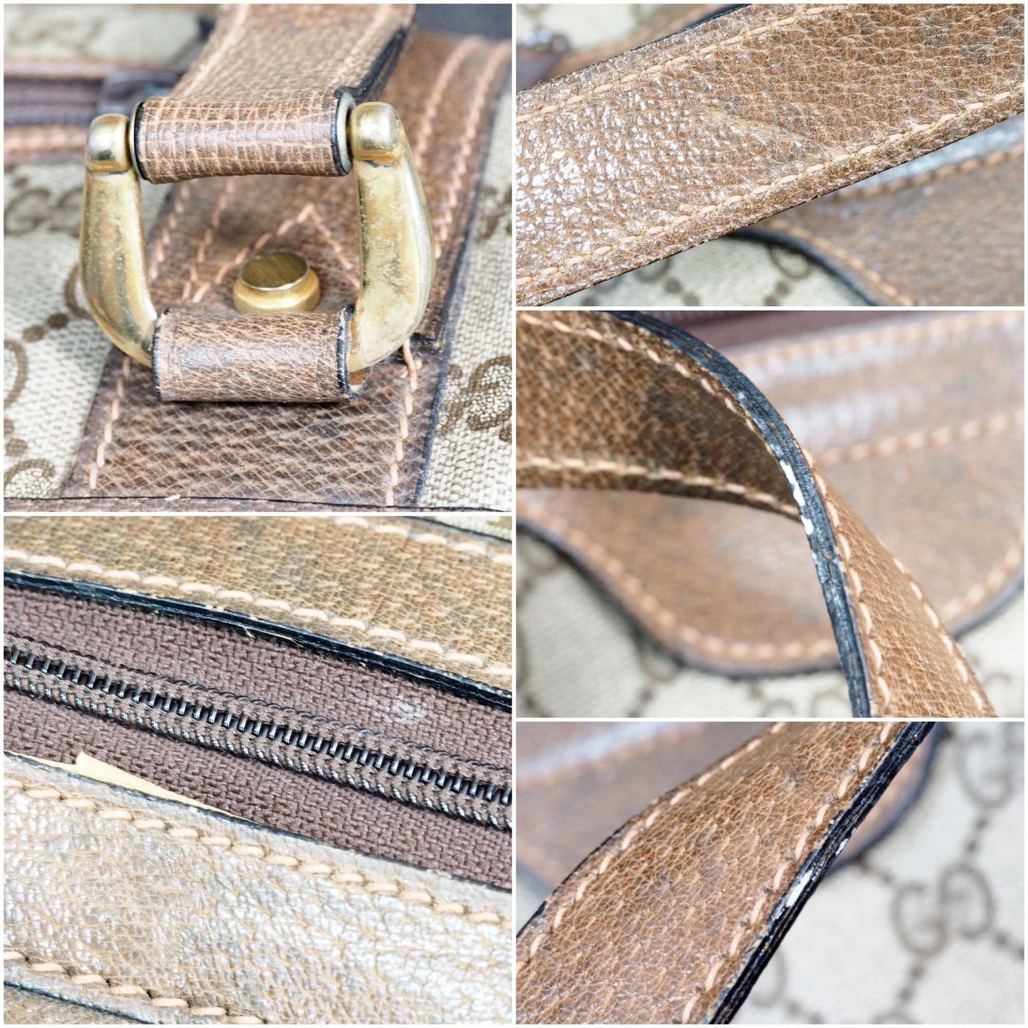 GUCCI Old Gucci  Travel Bag Boston Unisex 1970's 70'S GG Pattern / Pigskin Gold Hardware Brown Beige