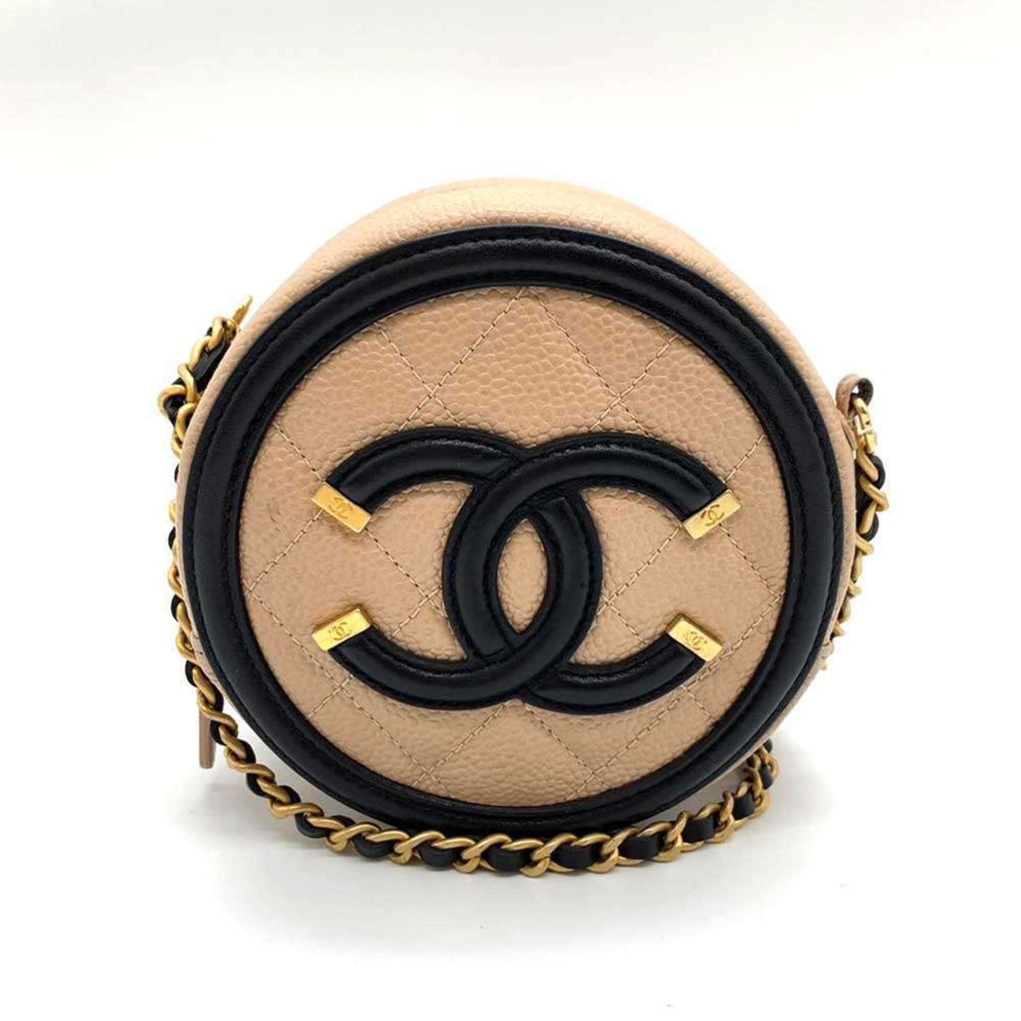 Chanel Bag CC Filigree Round Chain Shoulder Beige x Black Pochette Pouch Circle Crossbody Women s Caviar Skin CHANEL