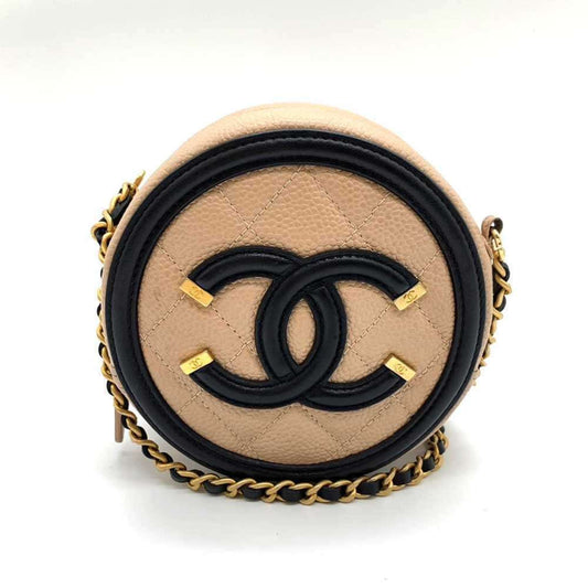 Chanel Bag CC Filigree Round Chain Shoulder Beige x Black Pochette Pouch Circle Crossbody Women s Caviar Skin CHANEL