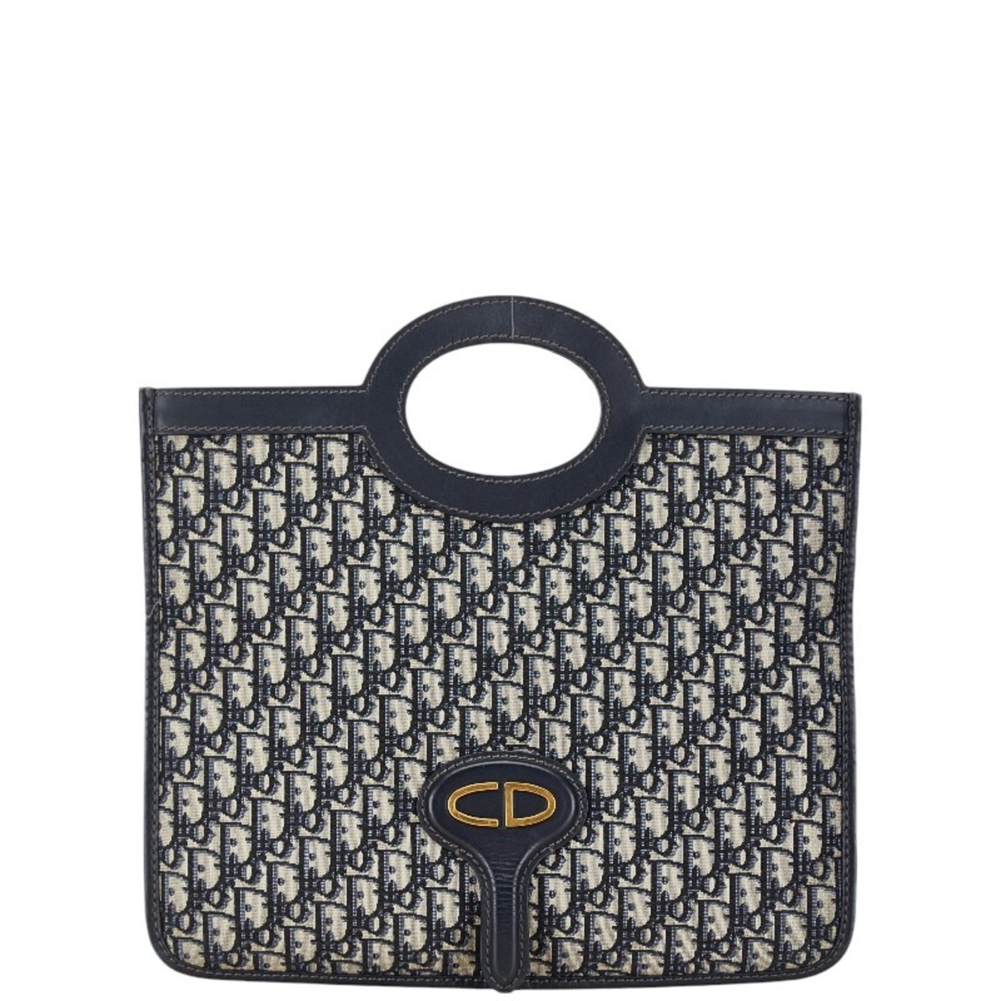 Christian Dior Beige Navy Canvas Leather Handbag  