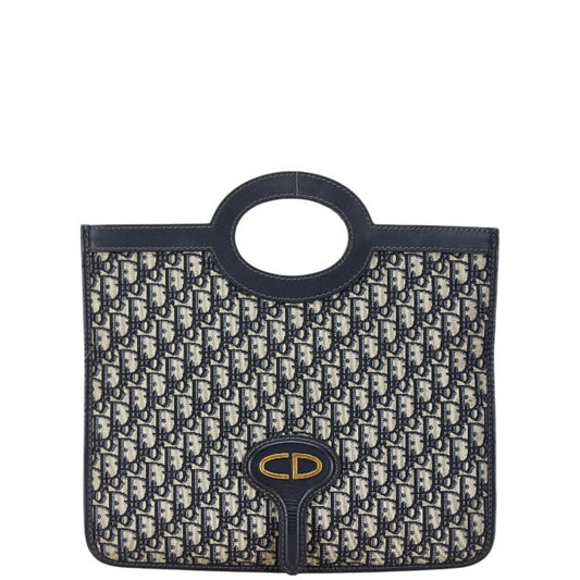 Christian Dior Beige Navy Canvas Leather Handbag  