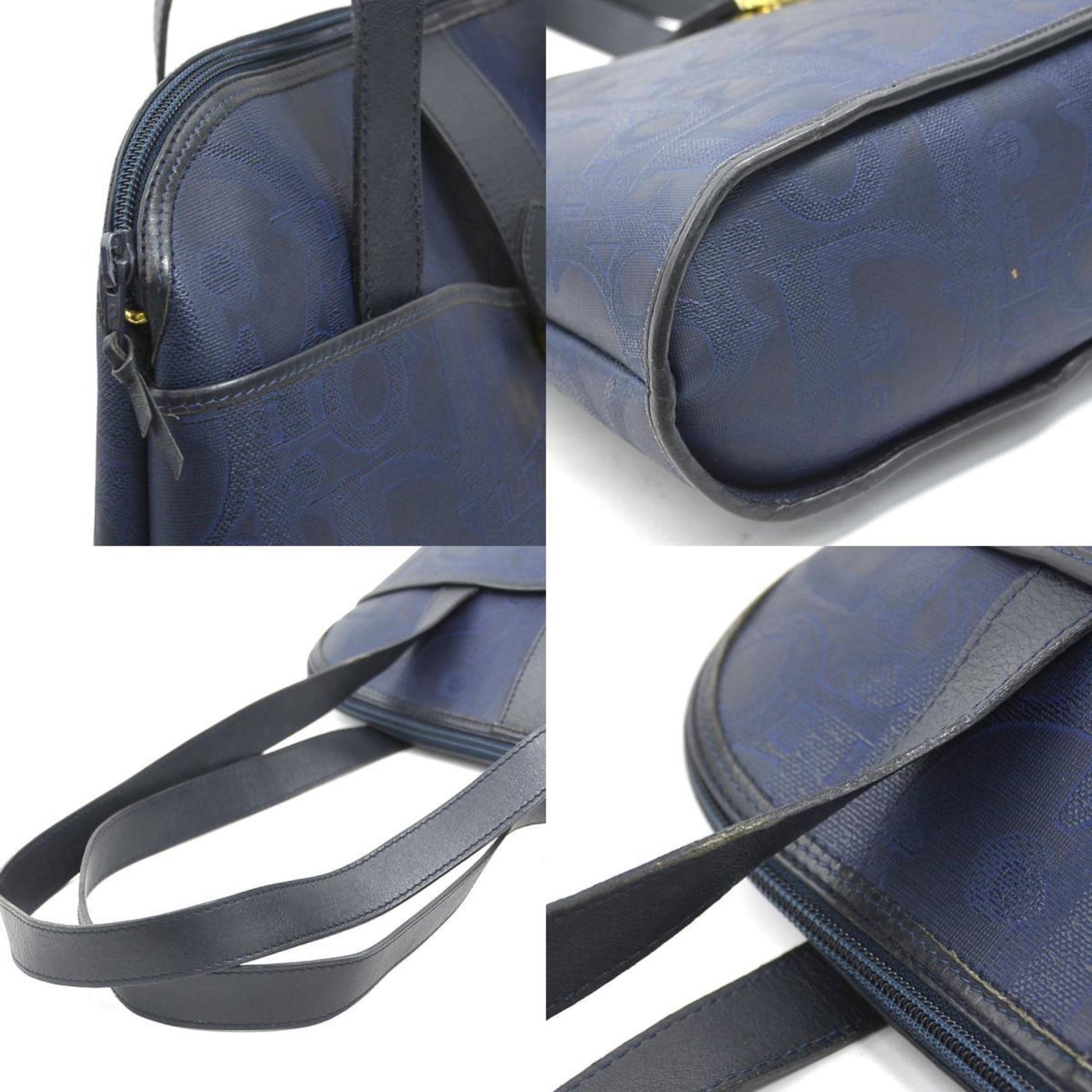 Christian Dior Navy Coated Canvas Leather Shoulder Bag  