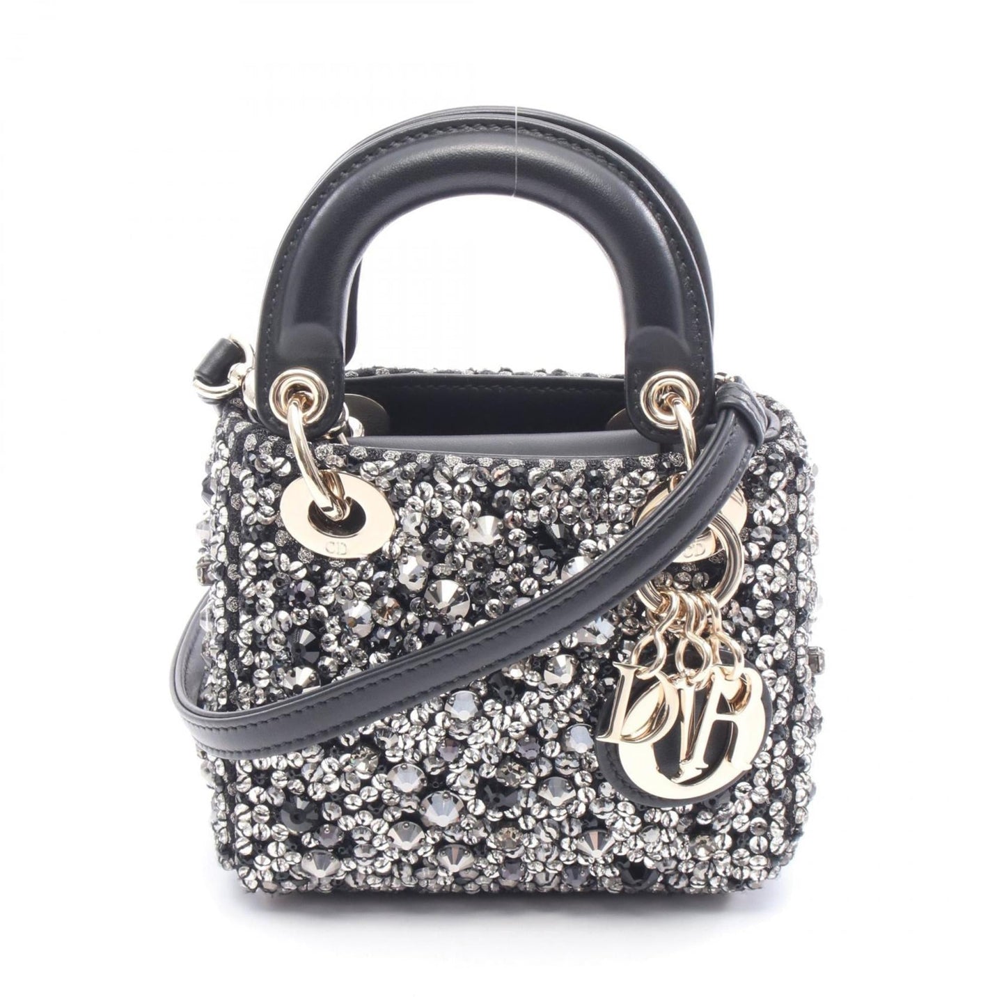 Christian Dior Lady Dior Black Clear Silver Leather Rhinestone Handbag  