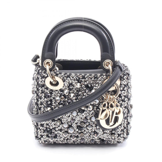Christian Dior Lady Dior Black Clear Silver Leather Rhinestone Handbag  