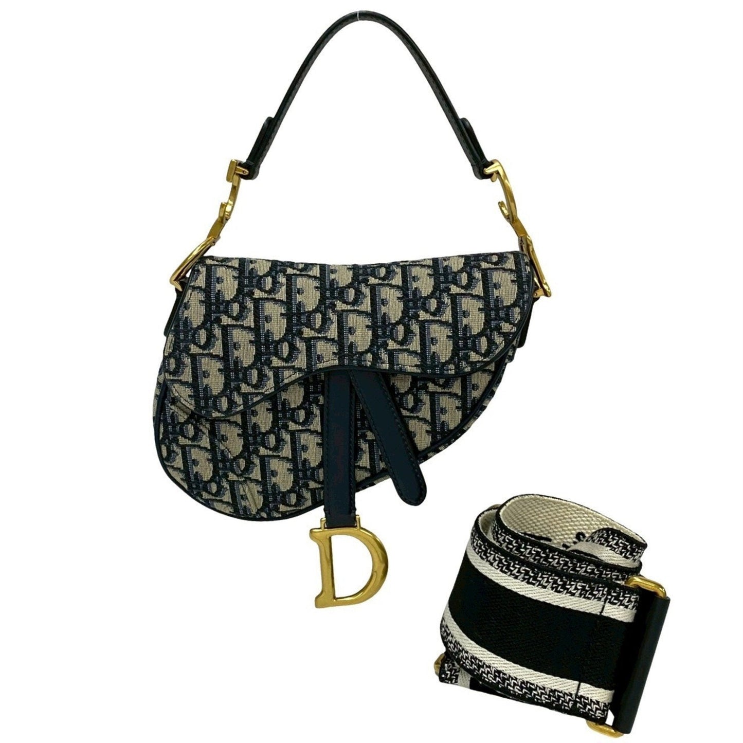 Christian Dior Navy Leather Canvas Saddle Bag Shoulder Bag  