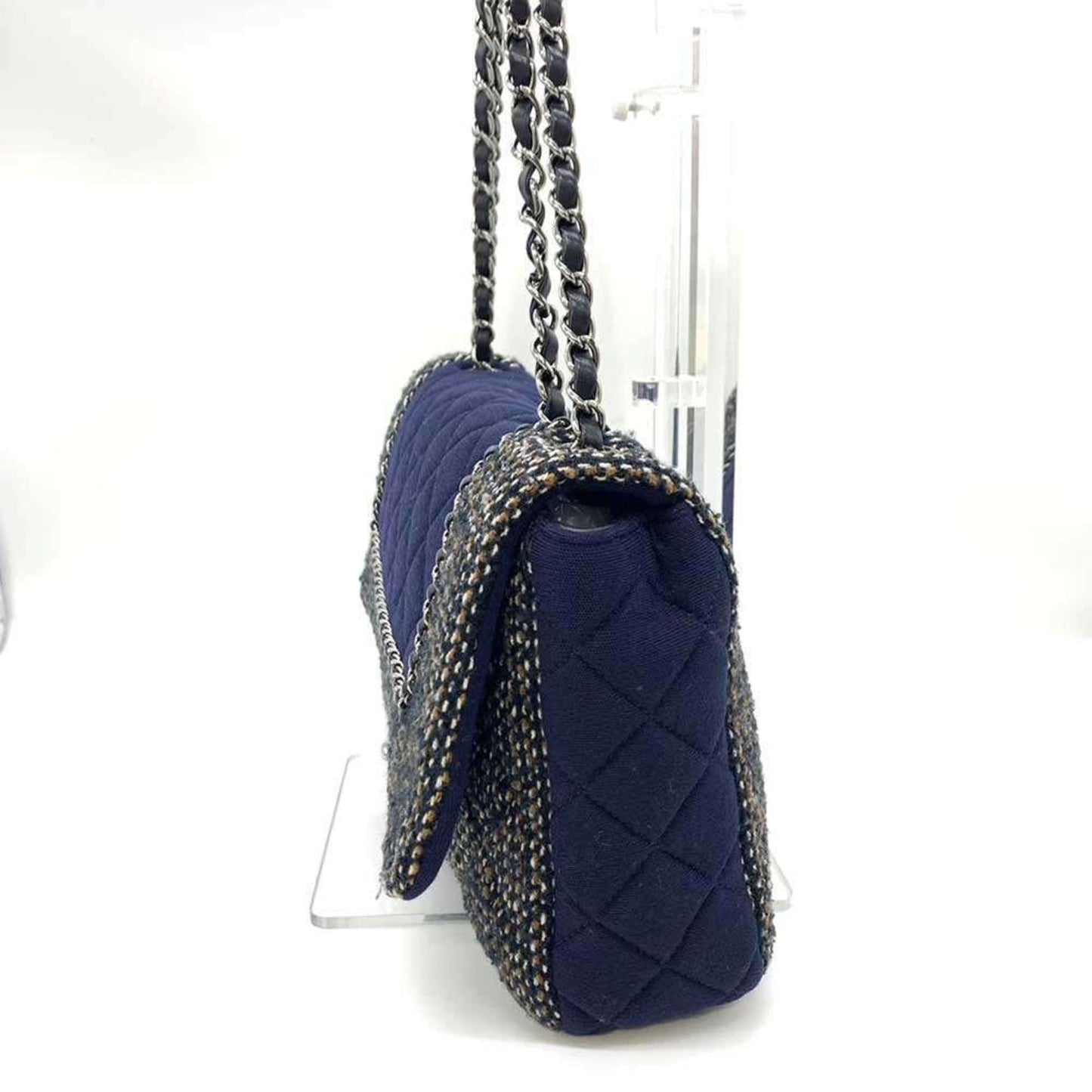 Chanel Bag Matelasse Chain Shoulder Navy Multicolor W Horizontal Women s Cotton Jersey x Tweed CHANEL