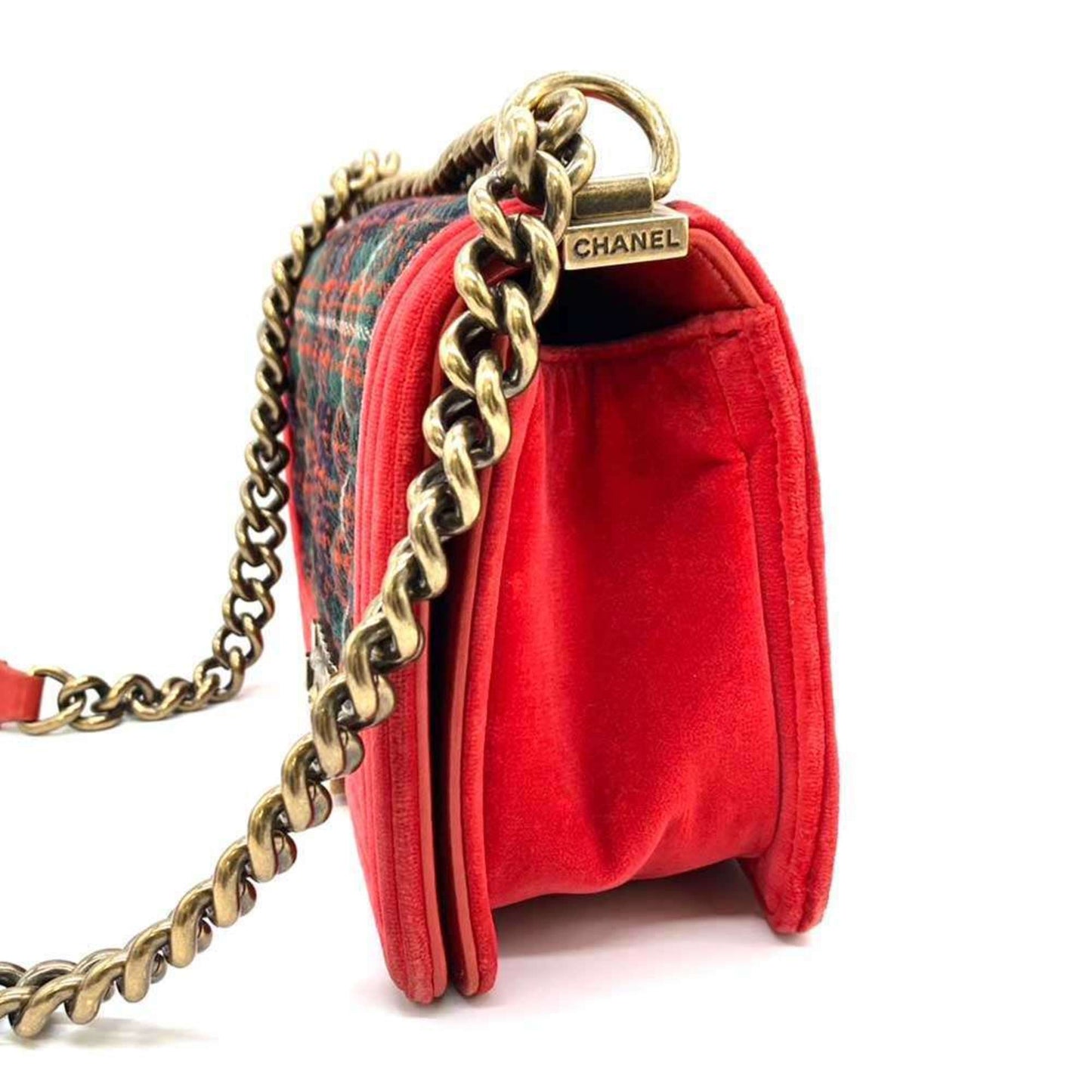 Chanel Bag Boy Chain Shoulder Red x Green Checkered Horizontal Women s Velour Canvas CHANEL