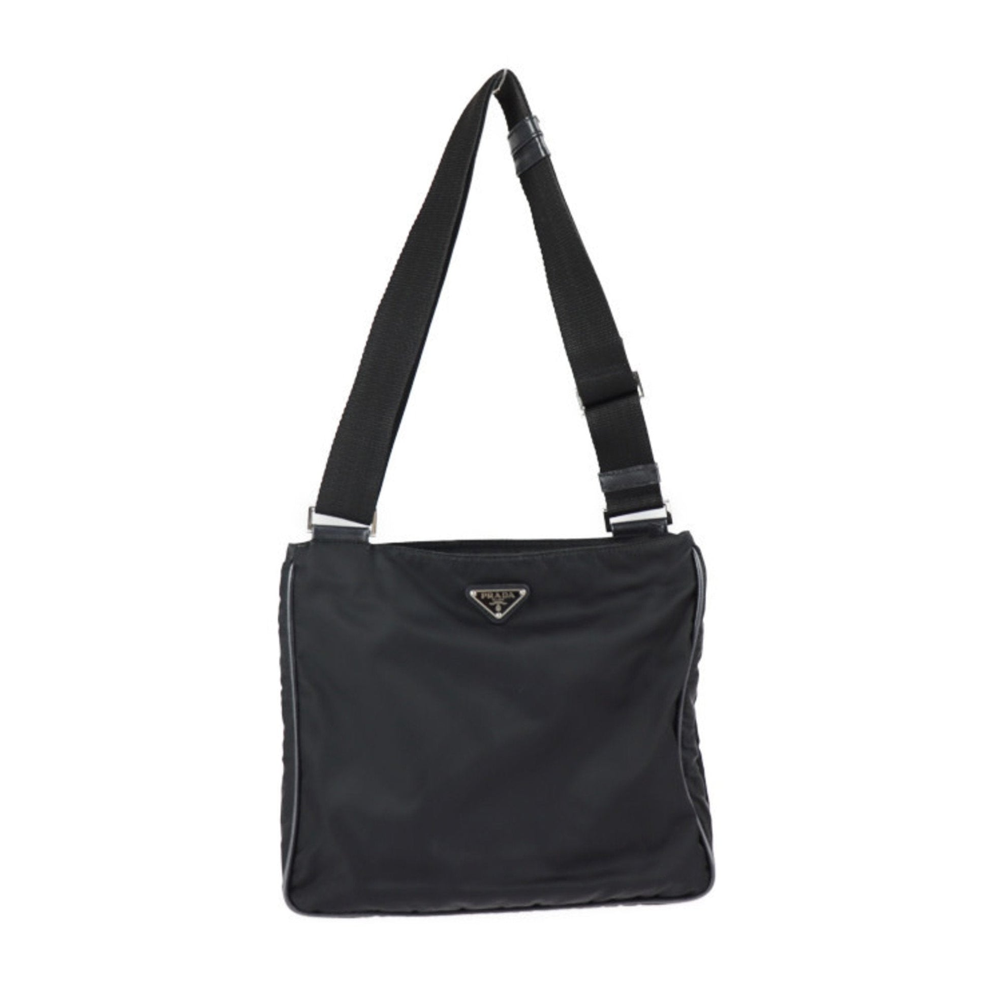 Prada Shoulder Bag Nylon Leather Black Silver Hardware Messenger Triangle Logo Plate