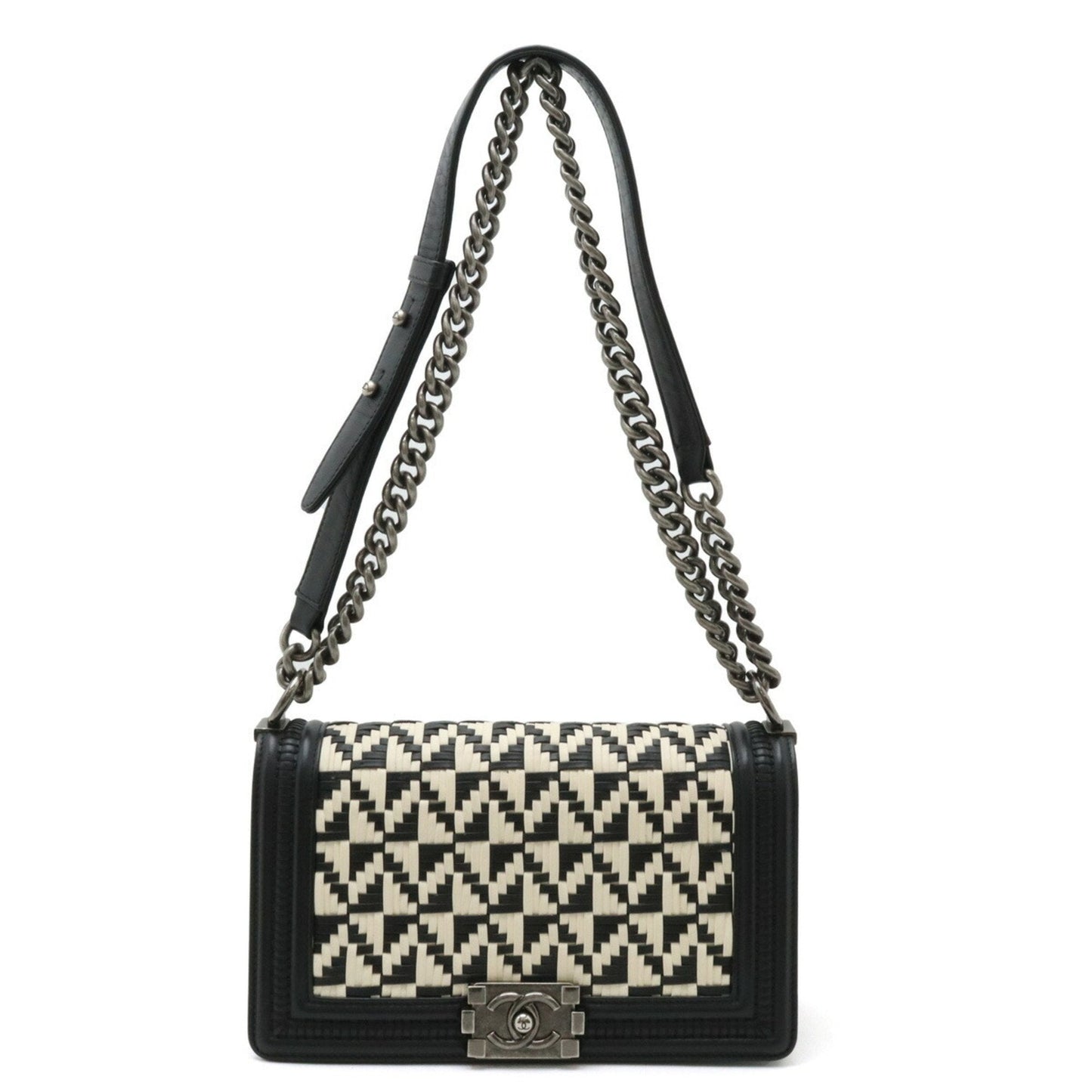 CHANEL Boy Chanel Coco Mark Chain Shoulder Bag Geometric Pattern Bicolor Leather Black White