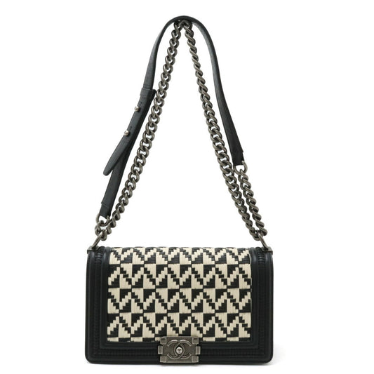 CHANEL Boy Chanel Coco Mark Chain Shoulder Bag Geometric Pattern Bicolor Leather Black White