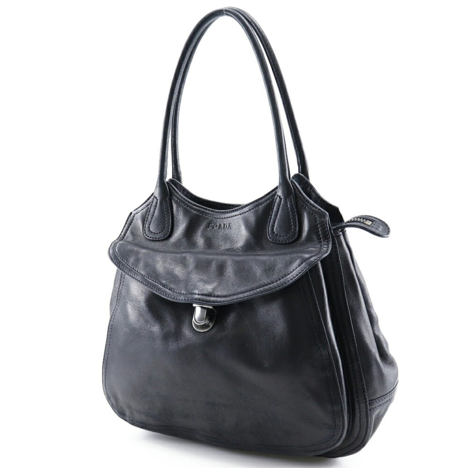 Prada Shoulder Bag Leather NERO Made in Italy Black A5 Zipper Ladies