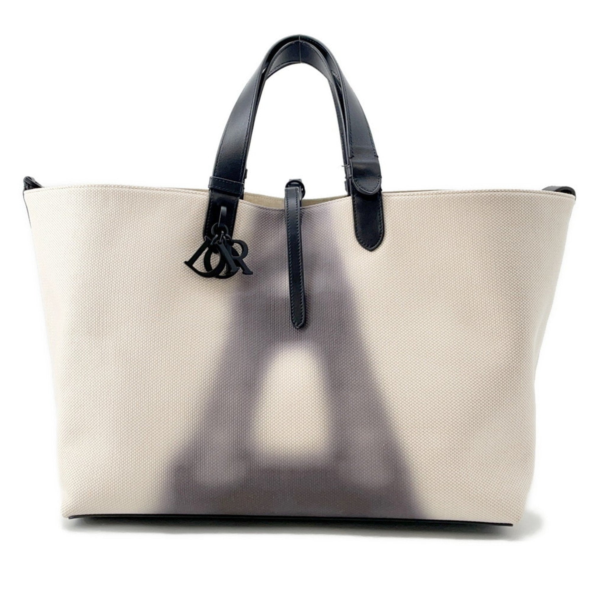 Christian Dior Black Ivory Canvas Leather Tote Bag  