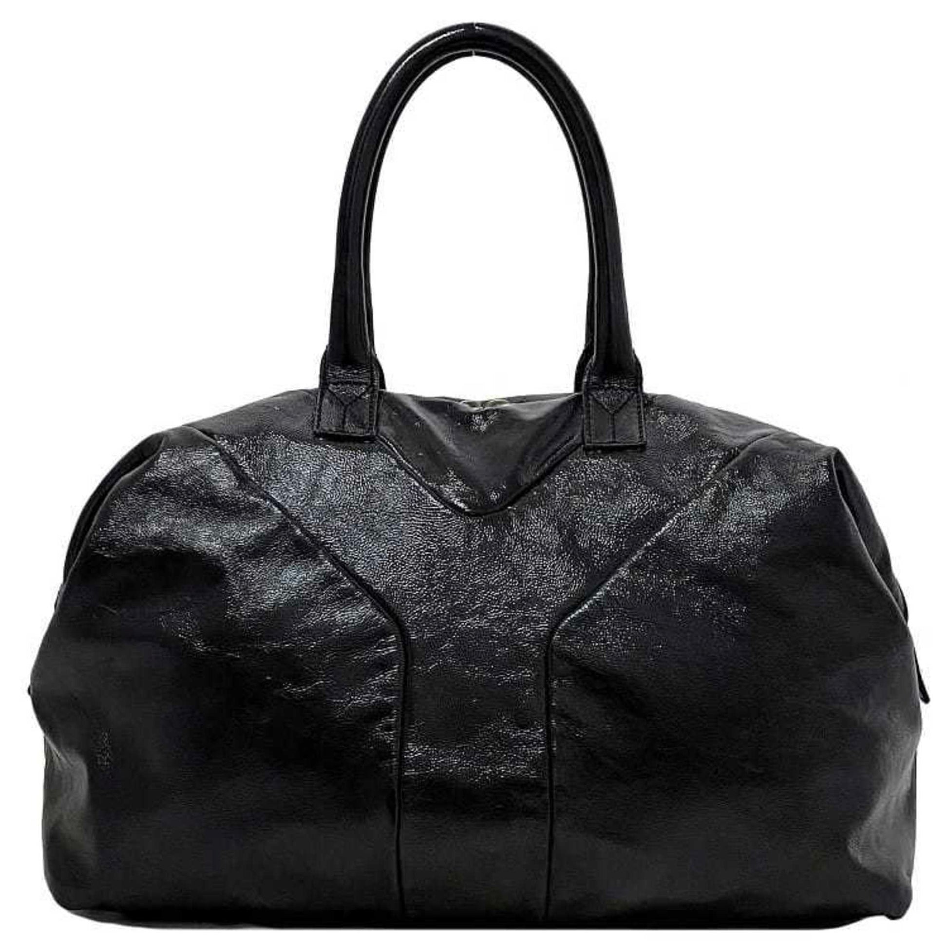 Yves Saint Laurent Easy Boston Bag Black Silver Tote Patent Leather YSL Embroidery Stitch Y