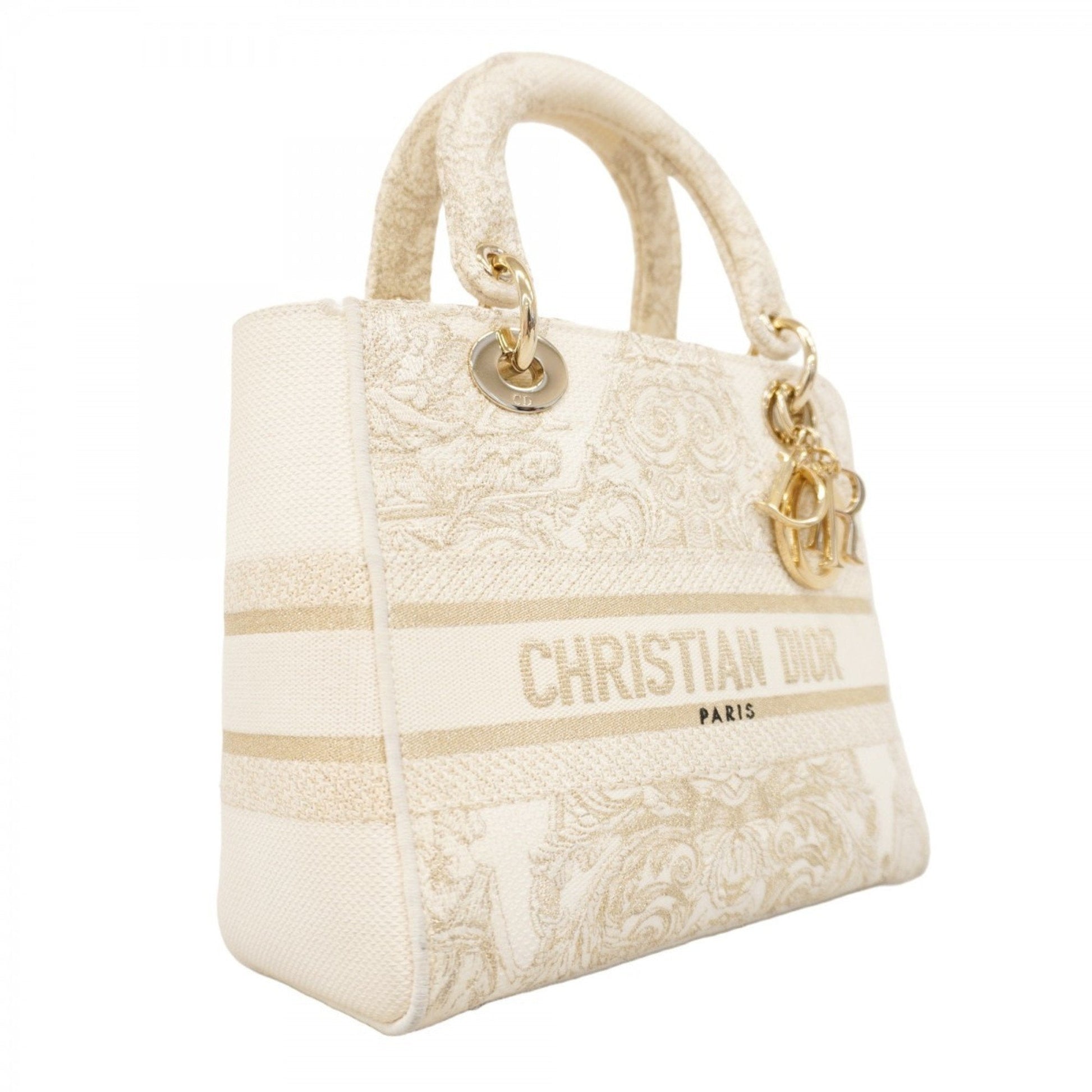 Christian Dior Gold White Canvas Handbag  