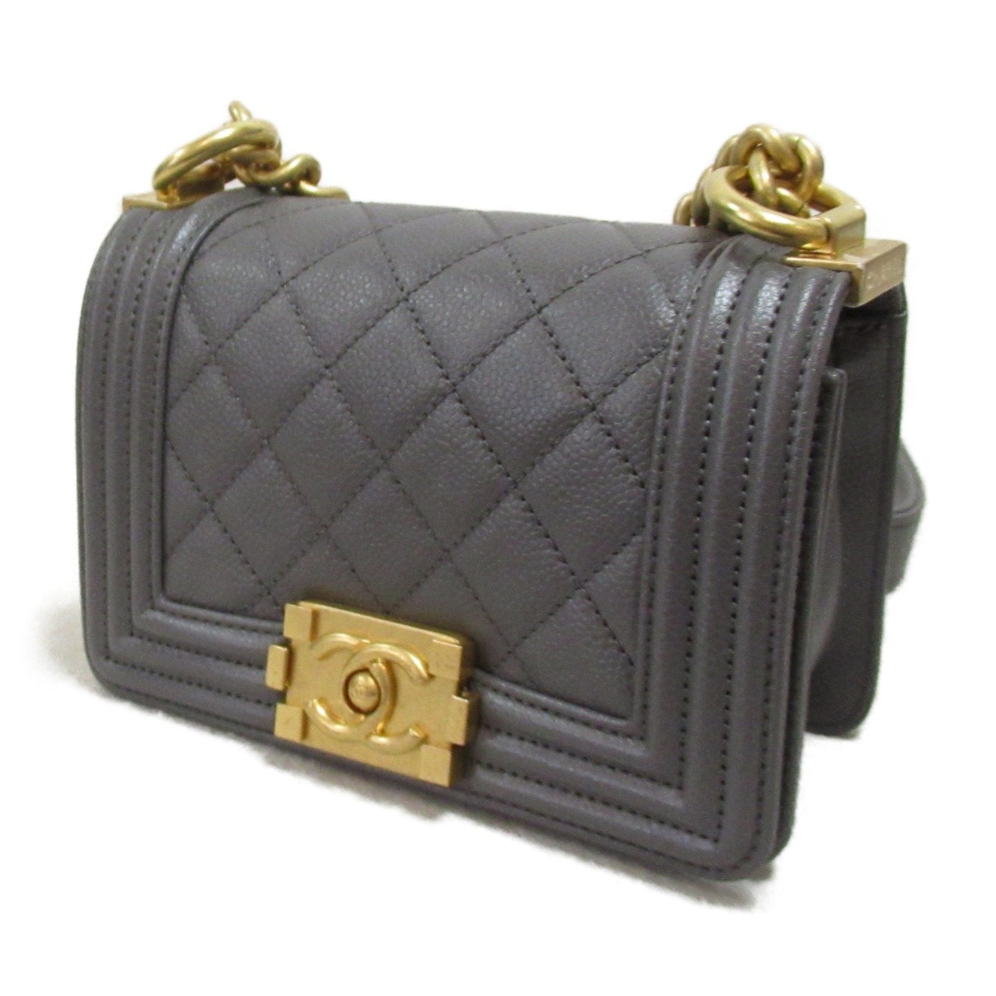 CHANEL Boy Chanel Mini Chain Shoulder Bag Gray Caviar Skin Grained Calf