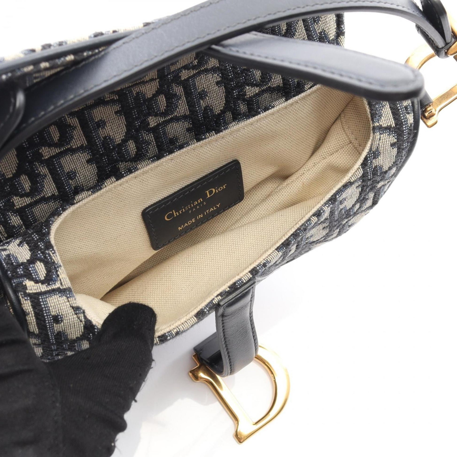Christian Dior Beige Navy Canvas Leather Handbag  