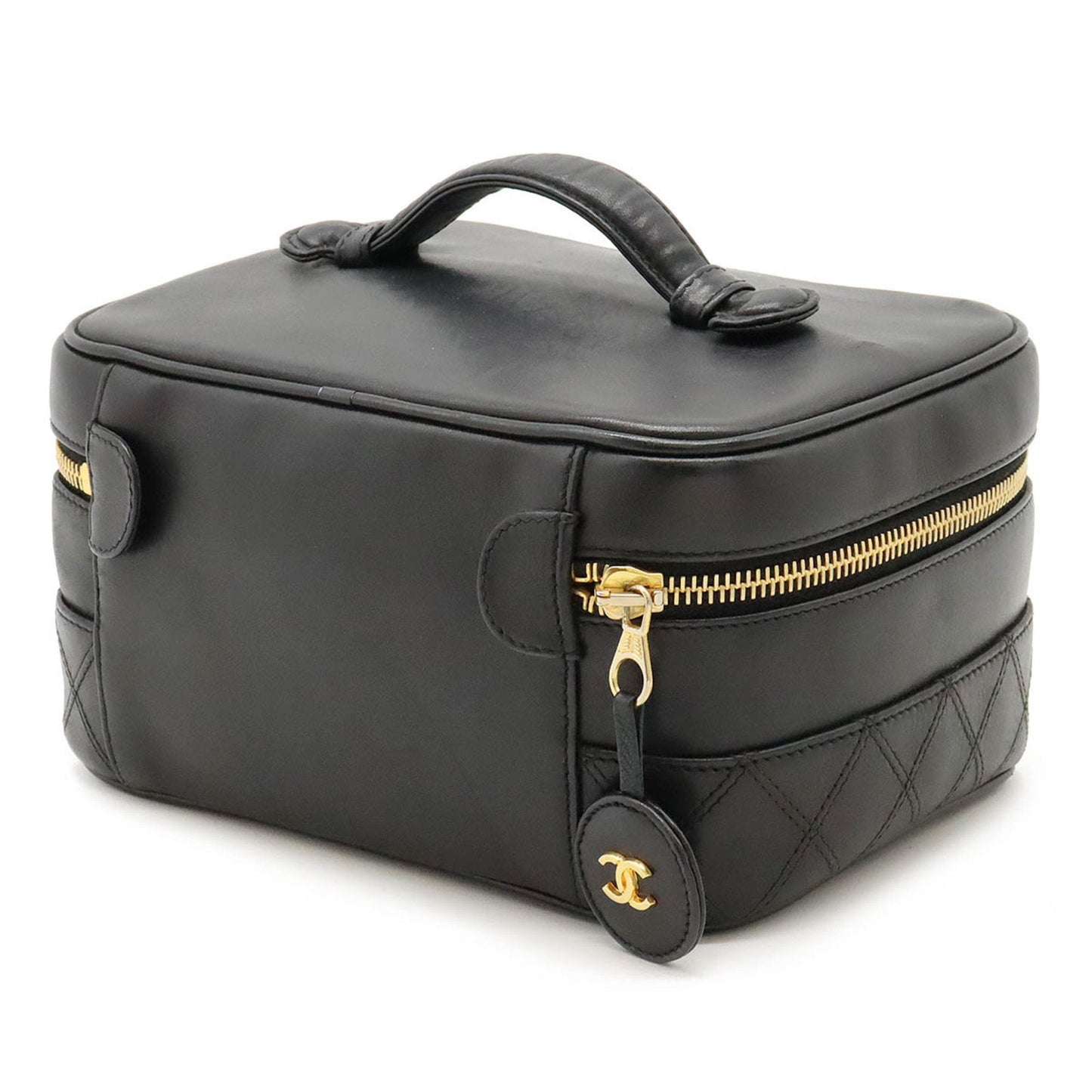 CHANEL Bicolor Vanity Bag Pouch Handbag Leather Black A01618