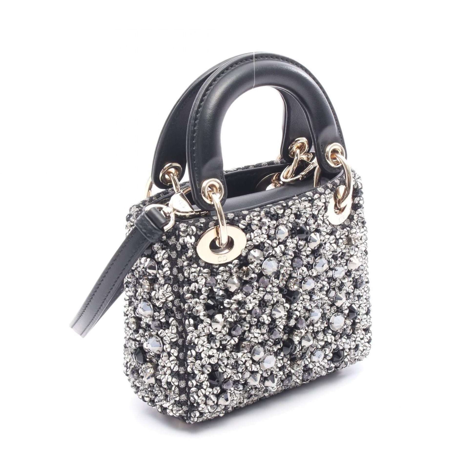 Christian Dior Lady Dior Black Clear Silver Leather Rhinestone Handbag  