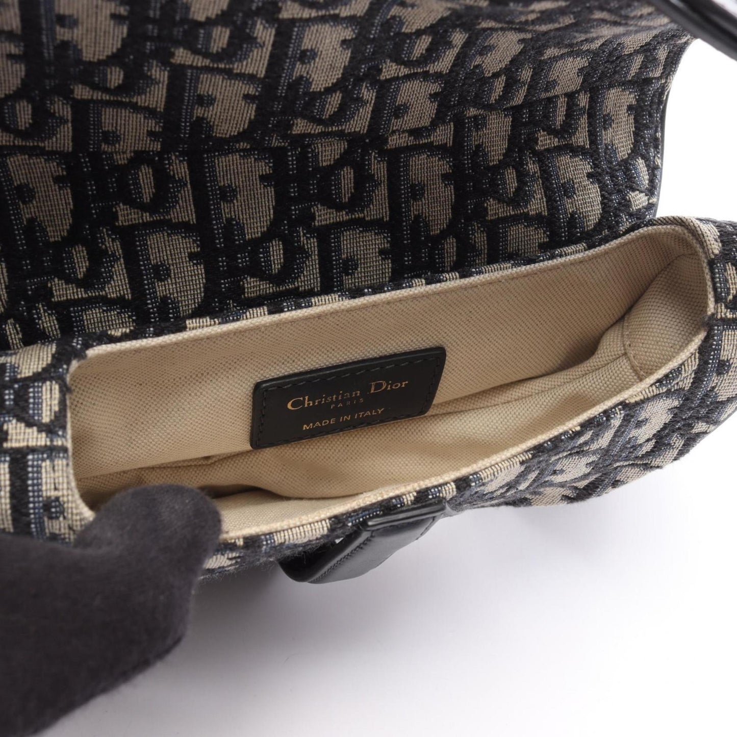 Christian Dior Beige Black Blue Canvas Leather Handbag  