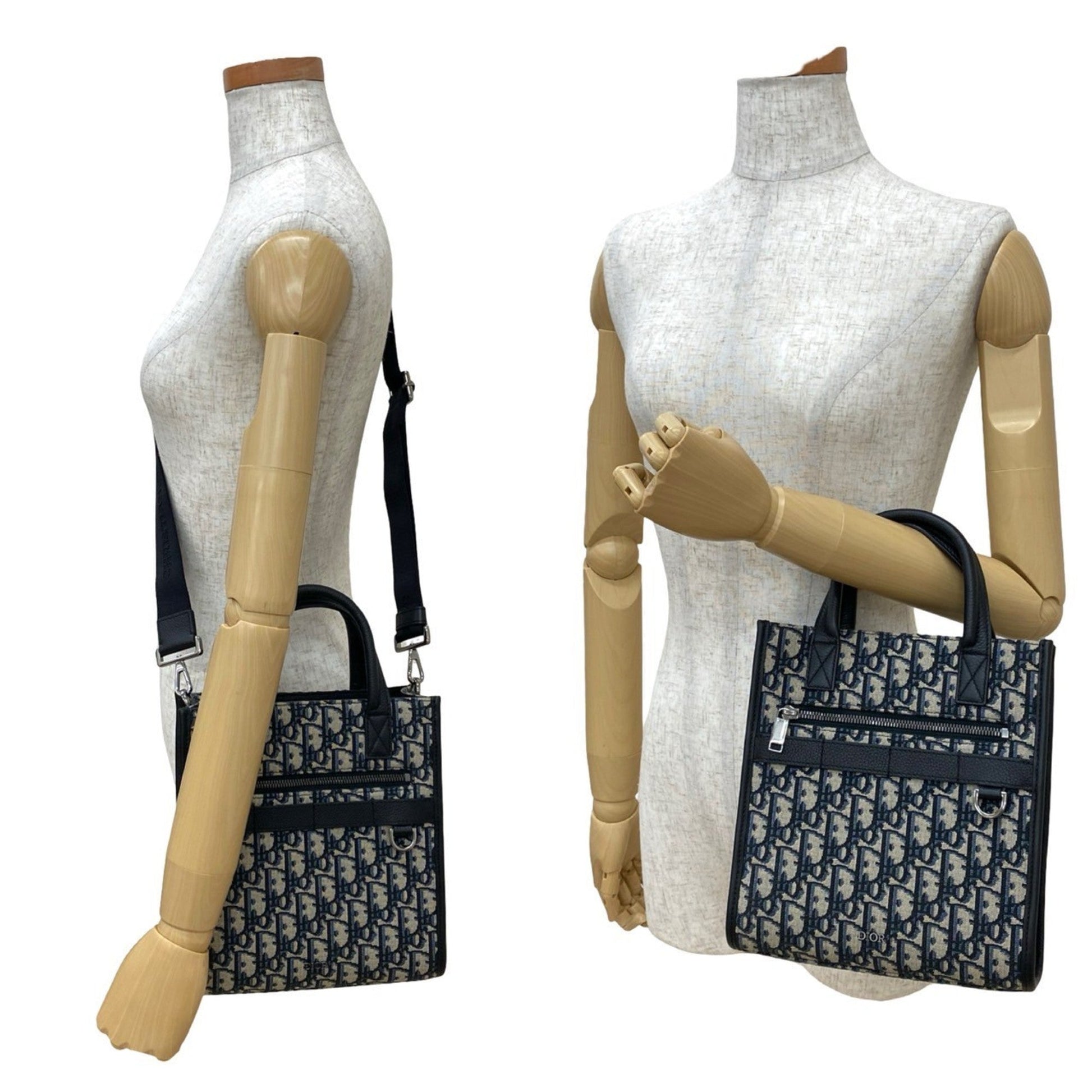 Christian Dior Black Navy Leather Canvas Handbag Shoulder Bag  
