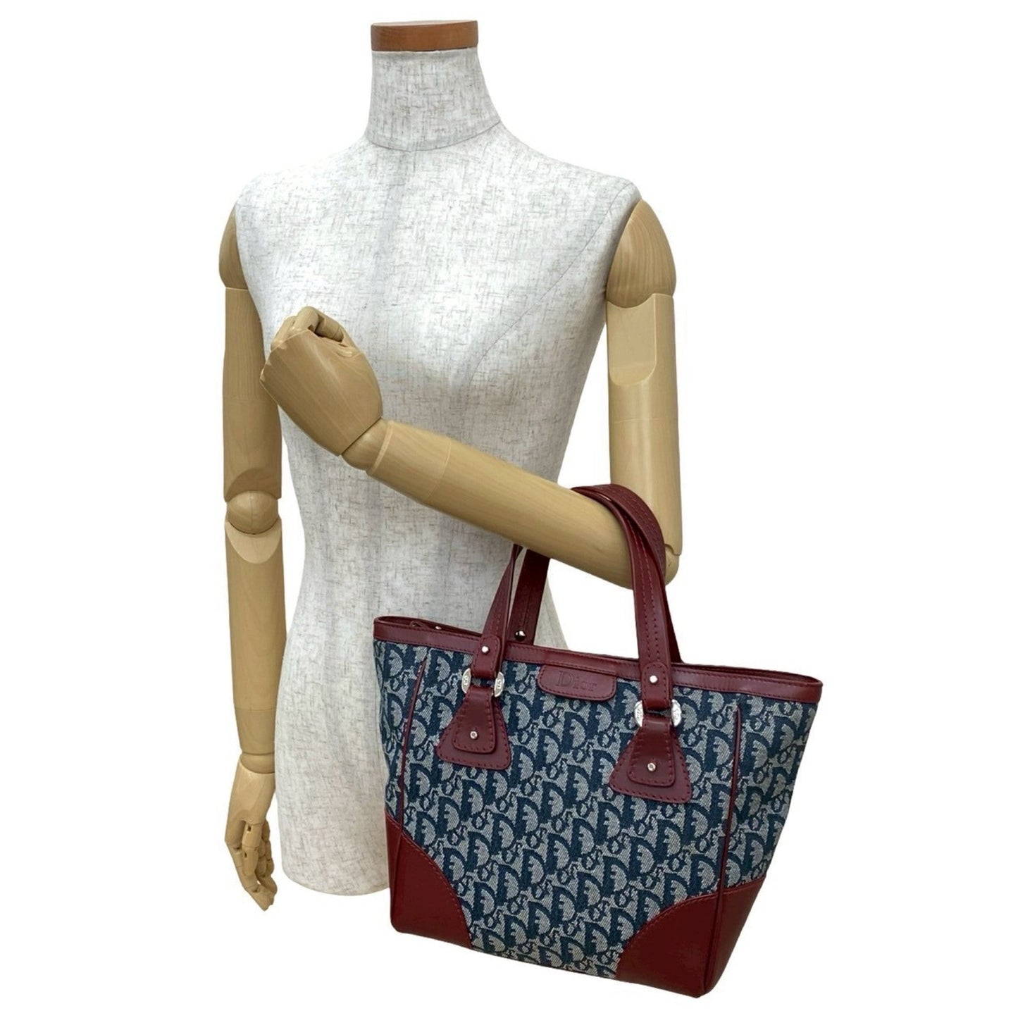 Christian Dior Navy Wine Canvas Leather Handbag Tote Bag  