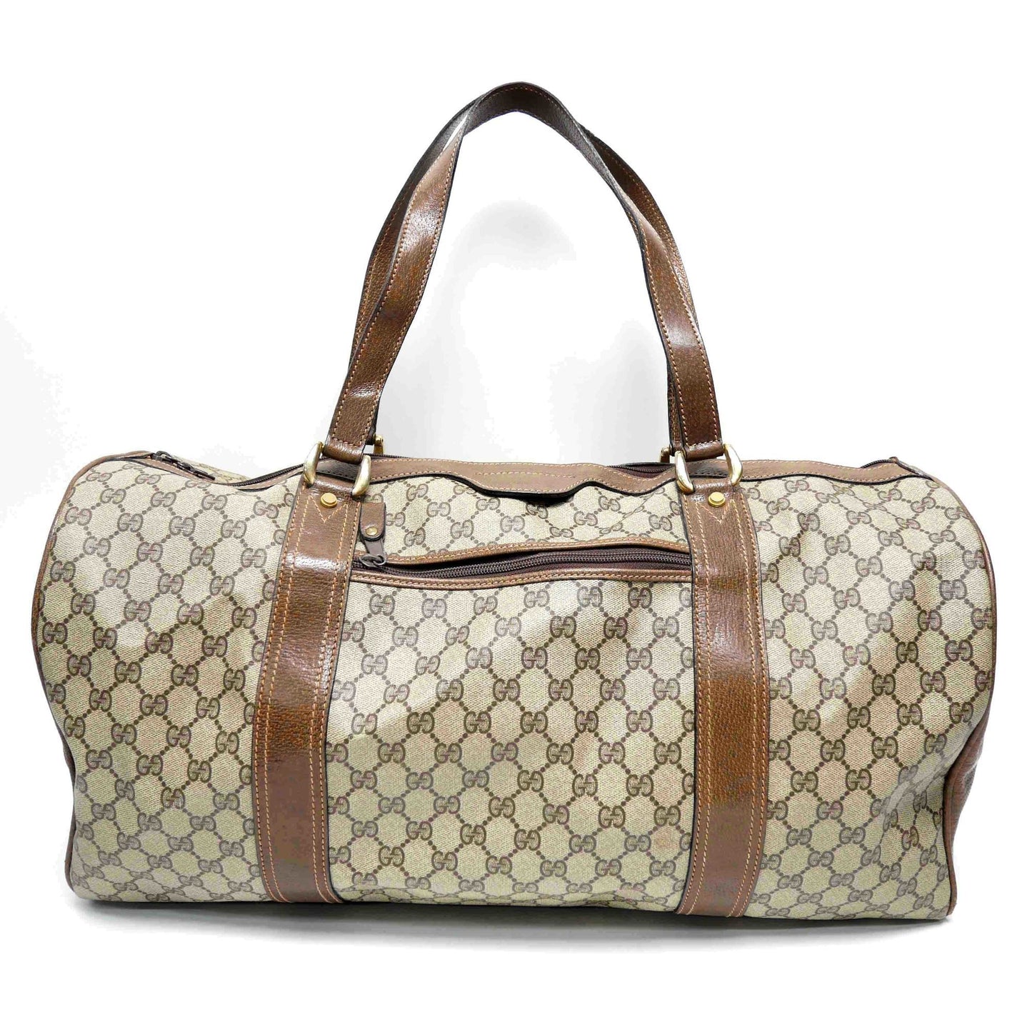 GUCCI Old Gucci  Travel Bag Boston Unisex 1970's 70'S GG Pattern / Pigskin Gold Hardware Brown Beige