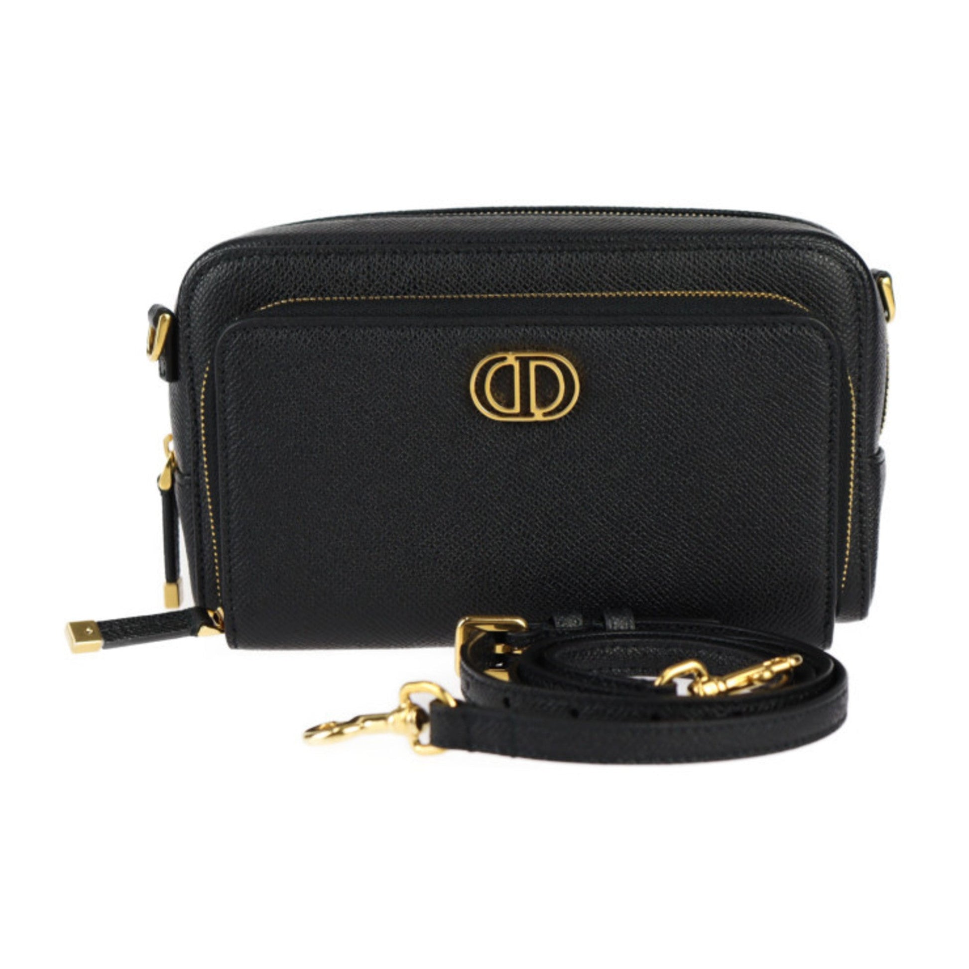 Christian Dior Black Leather Clutch Bag Handbag Pochette Pouch Shoulder Bag  