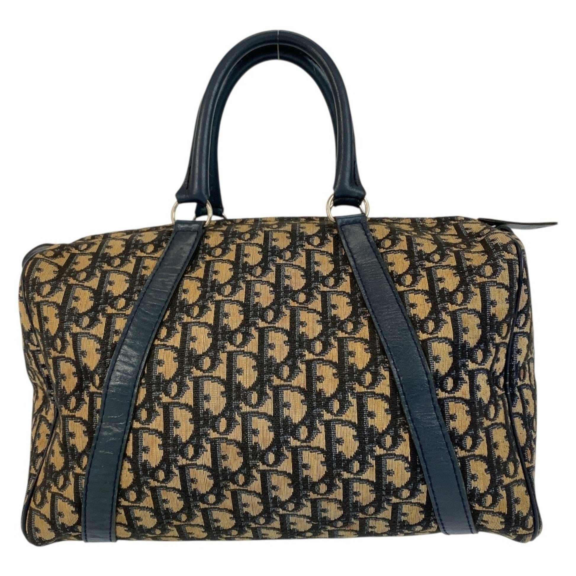 Christian Dior Trotter Beige Navy Canvas Leather Boston Bag Handbag  