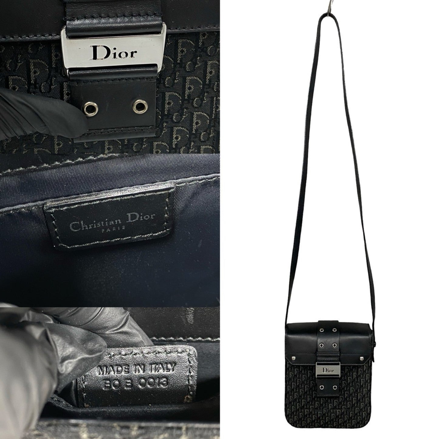 Christian Dior Black Leather Canvas Shoulder Bag  