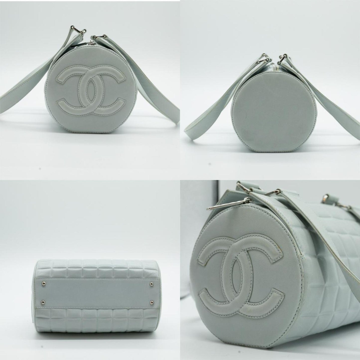 CHANEL Boston Bag Chocolate Bar Coco Mark Leather Light Blue Silver Women s PD292