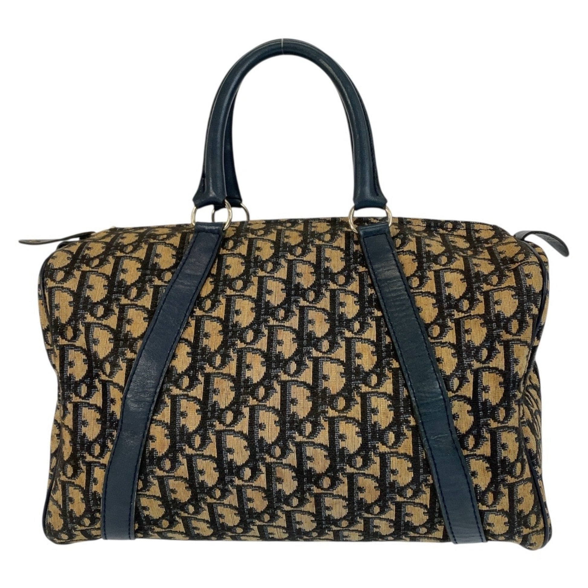 Christian Dior Trotter Beige Navy Canvas Leather Boston Bag Handbag  