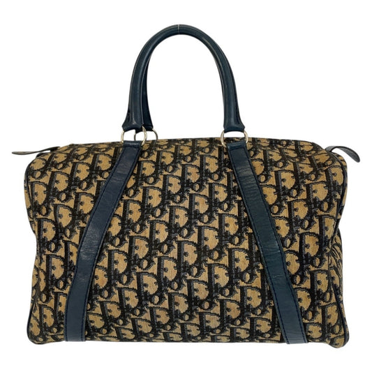 Christian Dior Trotter Beige Navy Canvas Leather Boston Bag Handbag  