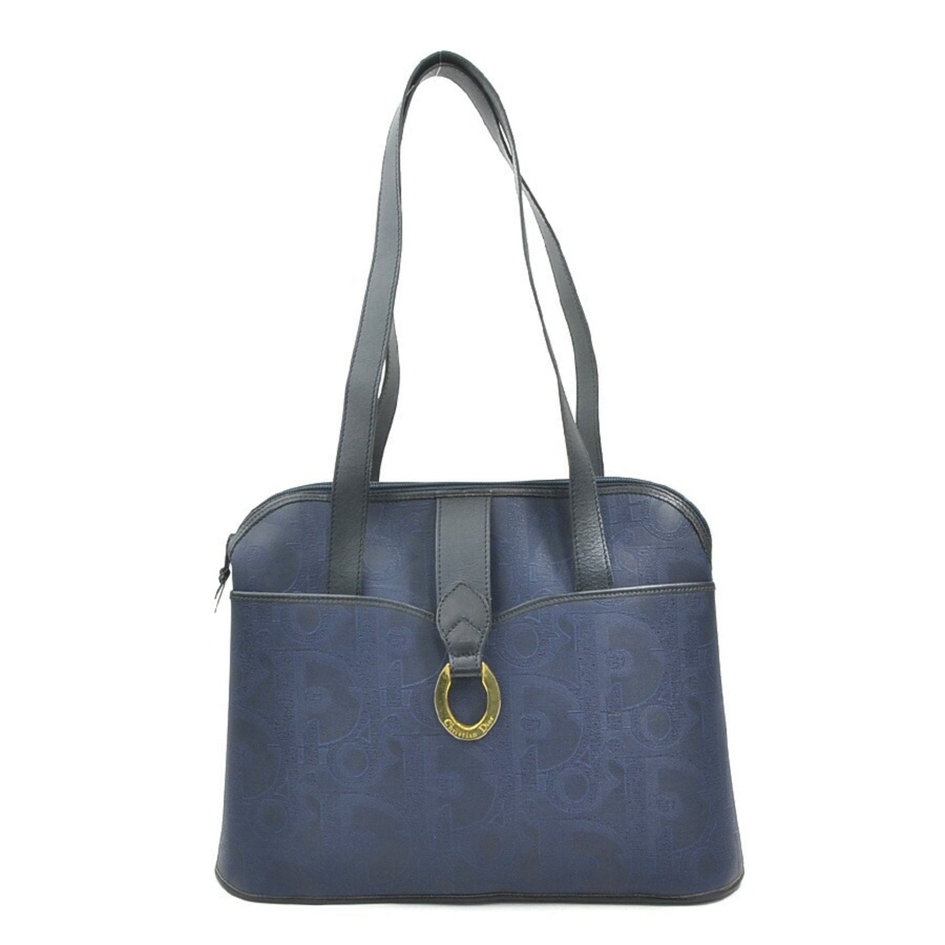 Christian Dior Navy Coated Canvas Leather Shoulder Bag  
