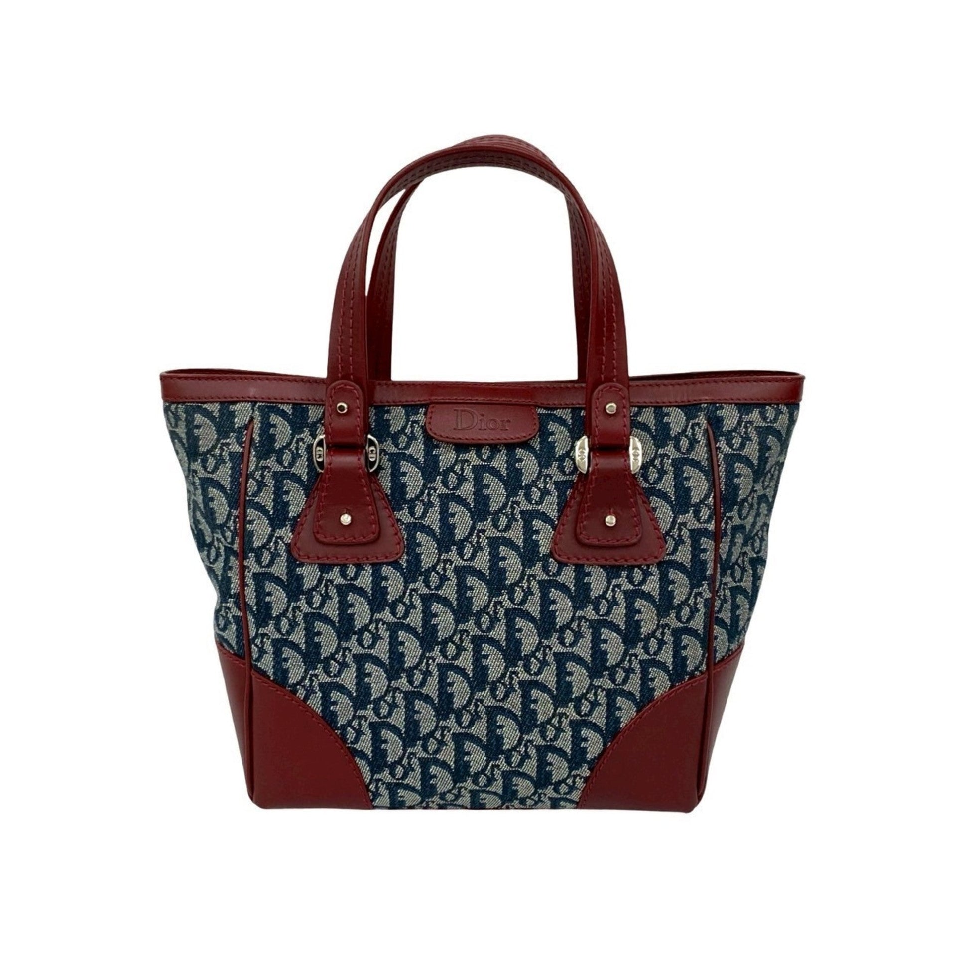 Christian Dior Navy Wine Canvas Leather Handbag Tote Bag  