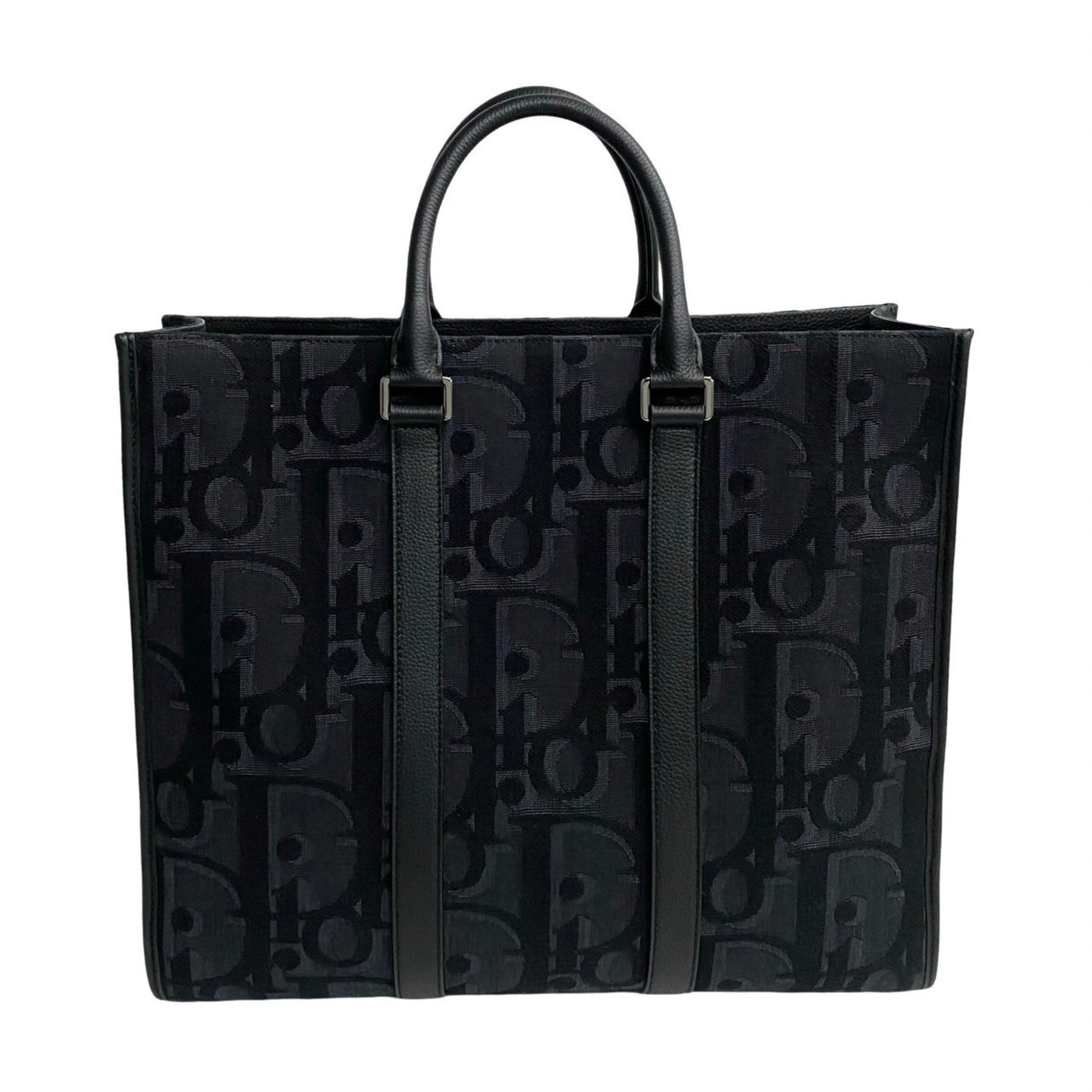 Christian Dior Black Leather Canvas Tote Bag  