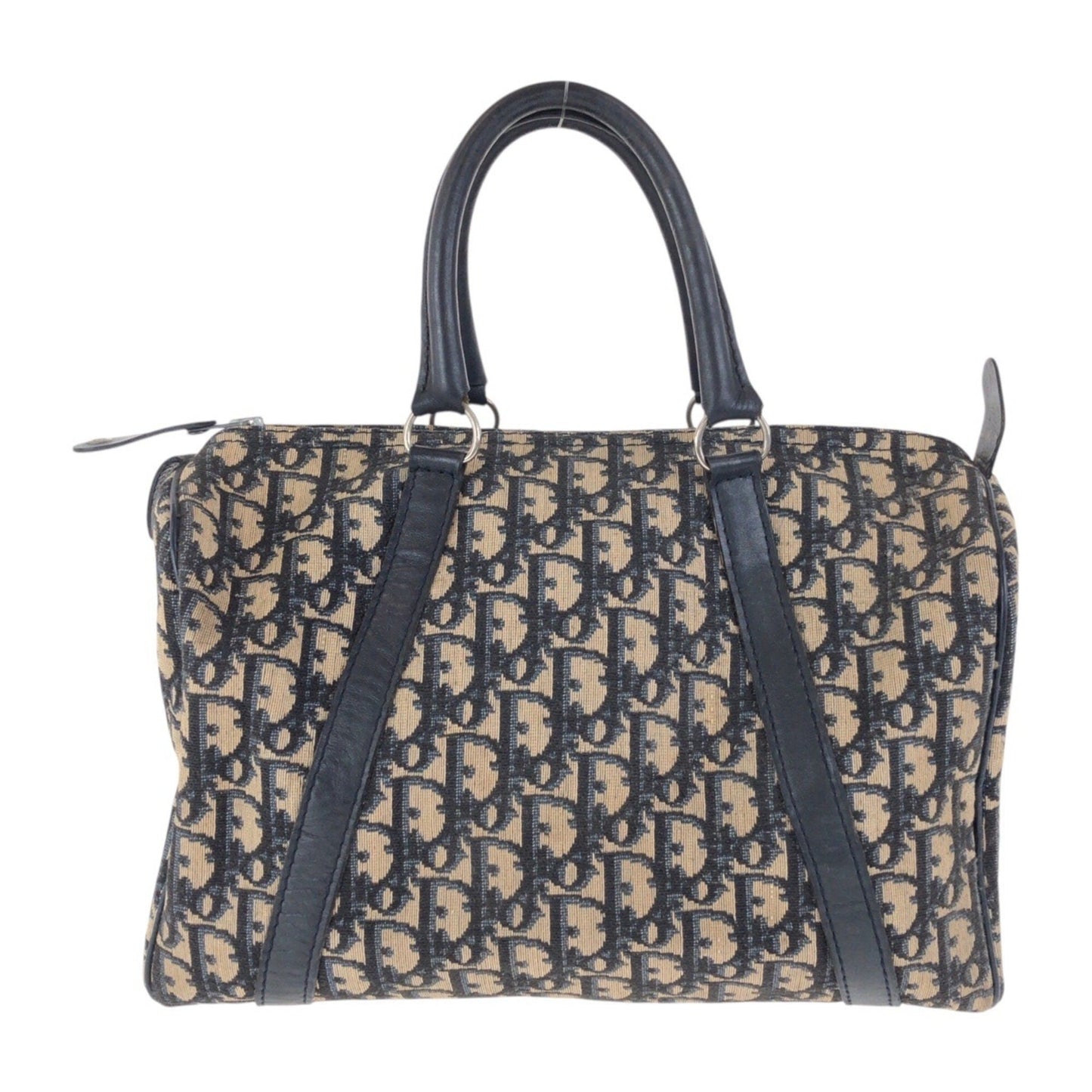 Christian Dior Trotter Beige Navy Canvas Leather Boston Bag Handbag  