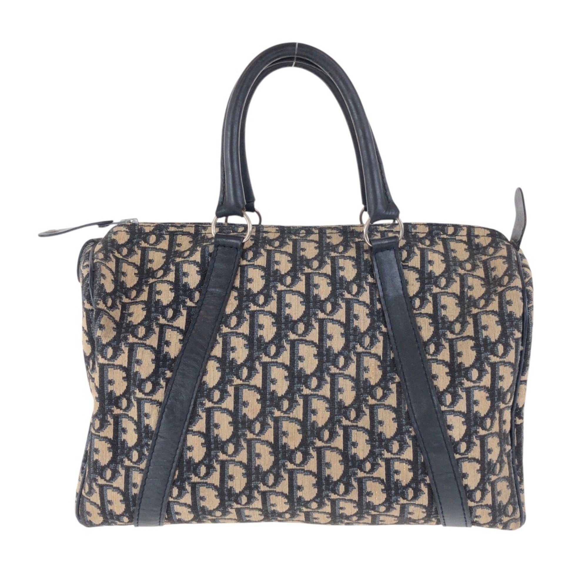 Christian Dior Trotter Beige Navy Canvas Leather Boston Bag Handbag  