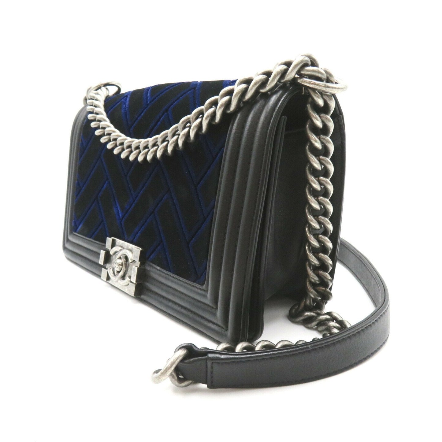 CHANEL Boy Chanel Chain Shoulder Bag Lambskin Sheepskin Women s Navy Black