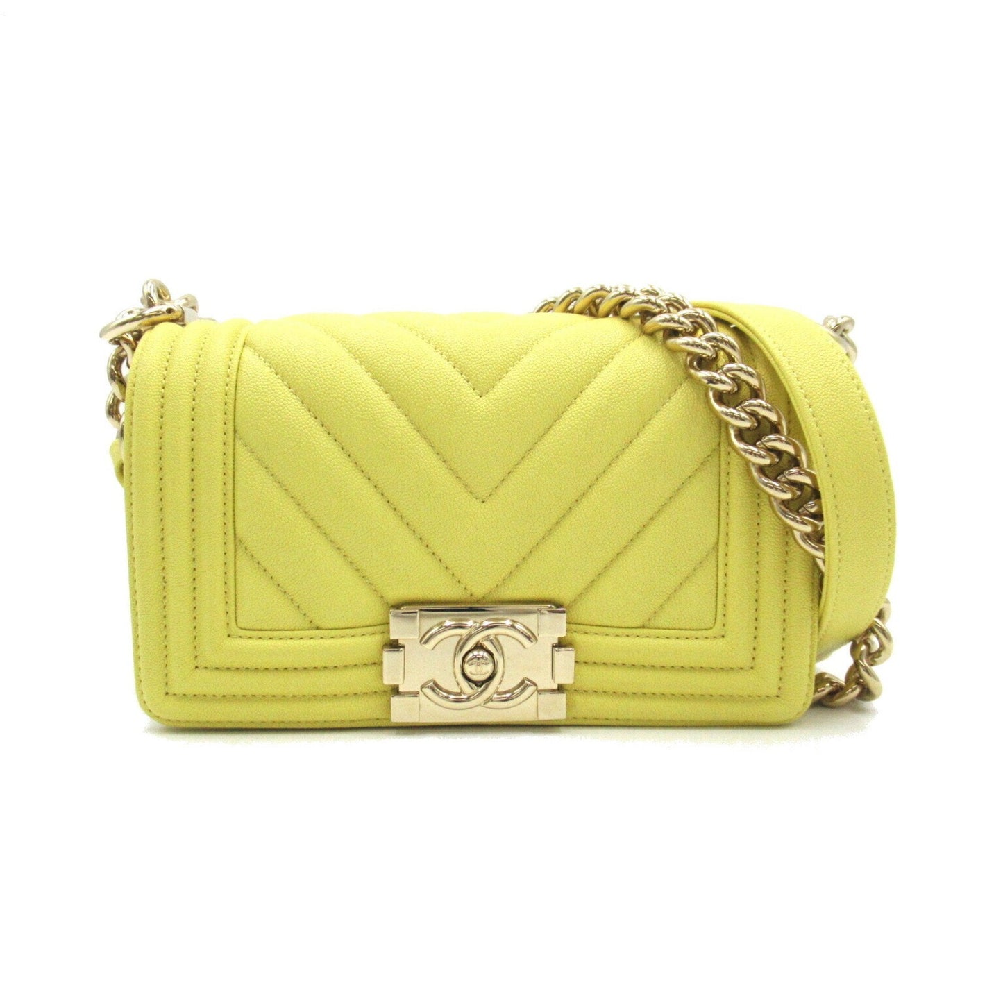CHANEL Boy Chanel V stitched chain shoulder bag caviar skin grained calfskin women s yellow