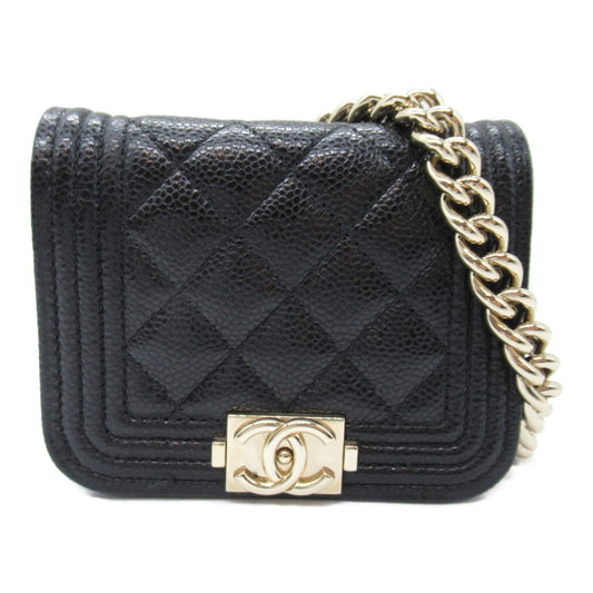 CHANEL Boy Chanel Chain Pochette Shoulder Bag Black Caviar Skin Grained Calf