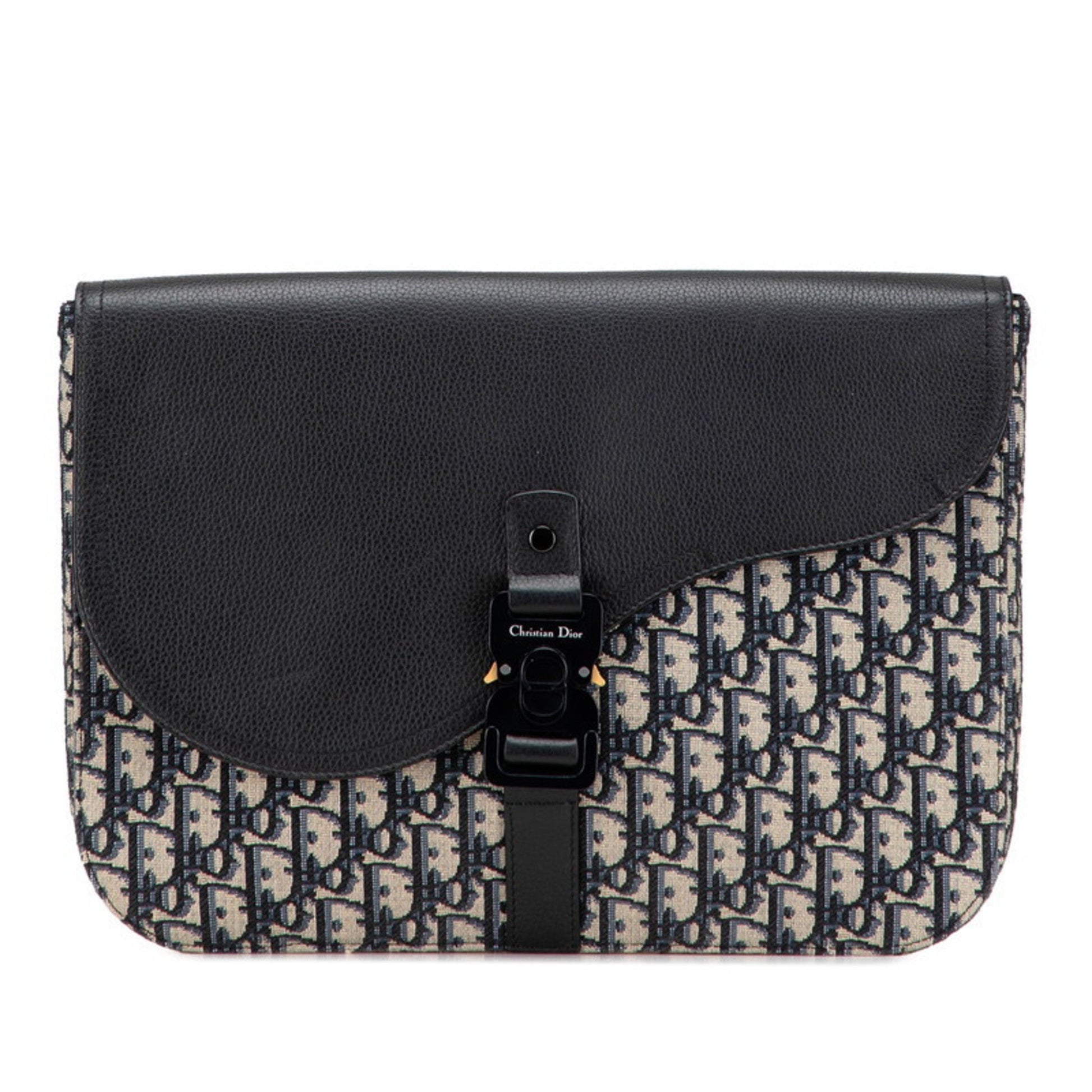 Christian Dior Beige Navy Black Canvas Leather Clutch Bag  