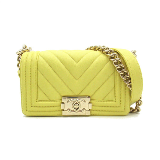 CHANEL Boy Chanel V stitched chain shoulder bag caviar skin grained calfskin women s yellow