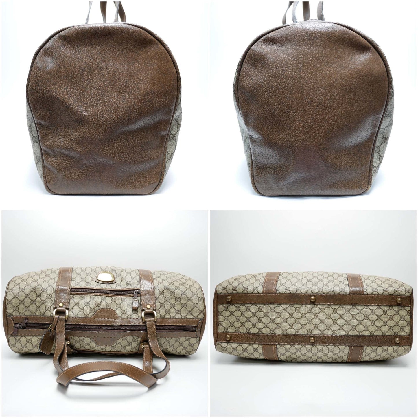 GUCCI Old Gucci  Travel Bag Boston Unisex 1970's 70'S GG Pattern / Pigskin Gold Hardware Brown Beige