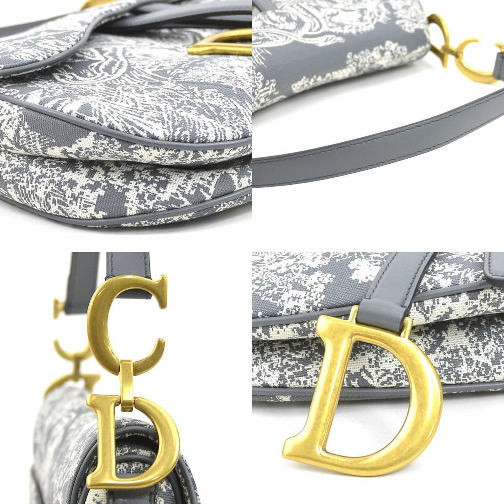 Christian Dior Gray Off-White Canvas Leather Shoulder Bag  