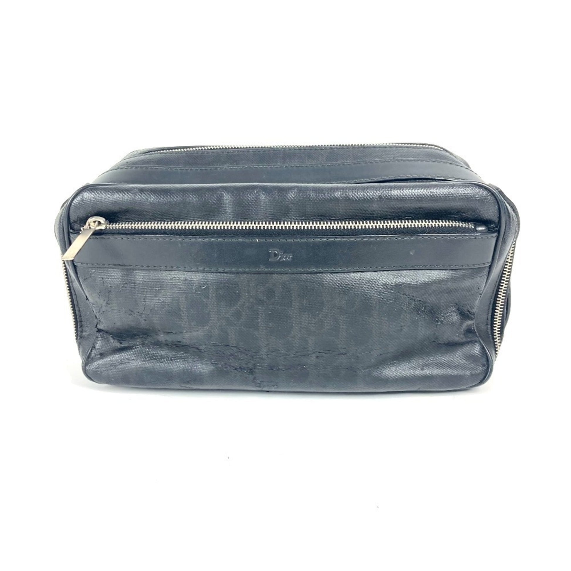Christian Dior Black Leather Coated Canvas Clutch Bag Pouch  