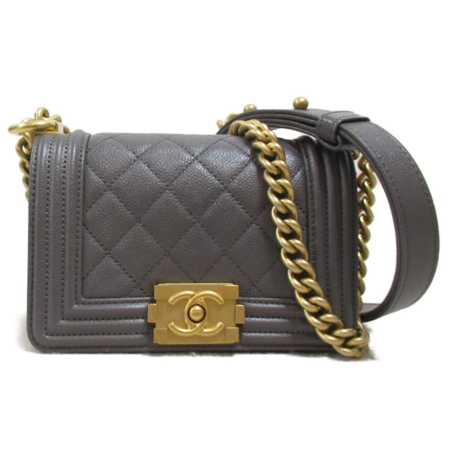 CHANEL Boy Chanel Mini Chain Shoulder Bag Gray Caviar Skin Grained Calf